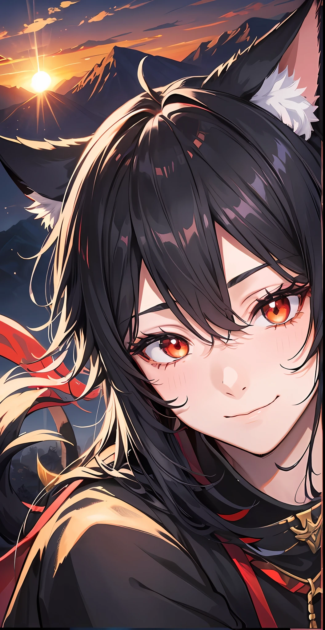 1boy, black hair, red eyes, big sharp cat ears, fluffy long cat tail, staring at viewer while grinning, mountainous setting, soft, sunset, modern, 4k Resolution