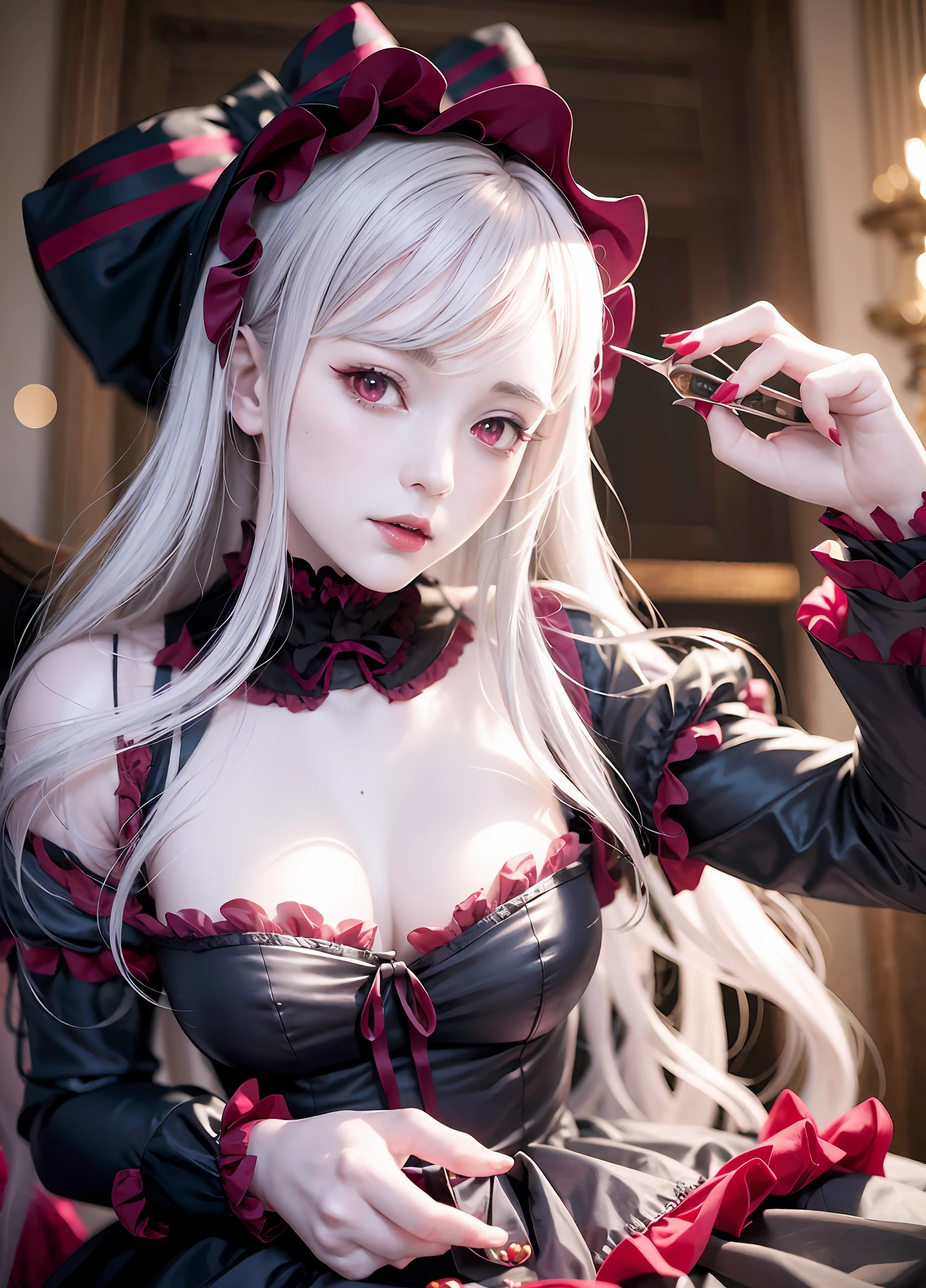 Shalltear Bloodfallen from Overlord, trending on Pixiv, large breasts, vampire Lolita, Alice in Wonderland, Tea Party inside a mansion, highly detailed, sfw, kawaii, white hair, signature Shalltear Bloodfallen outfit