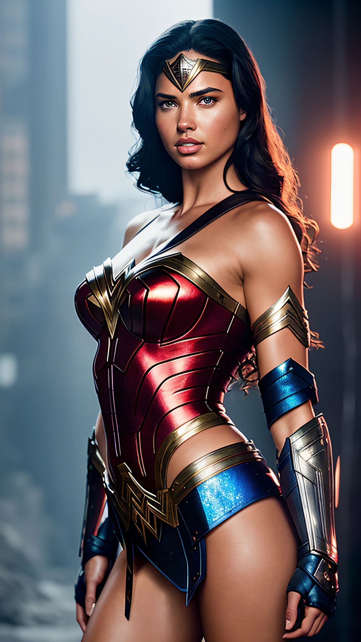 Adriana Lima Model, The cinematic soft lighting illuminates an incredibly detailed and ultra-realistic red and blue Wonder Woman armor that is trending on ArtStation. Octane is the perfect tool to capture the softest details of this 16k photography masterpiece