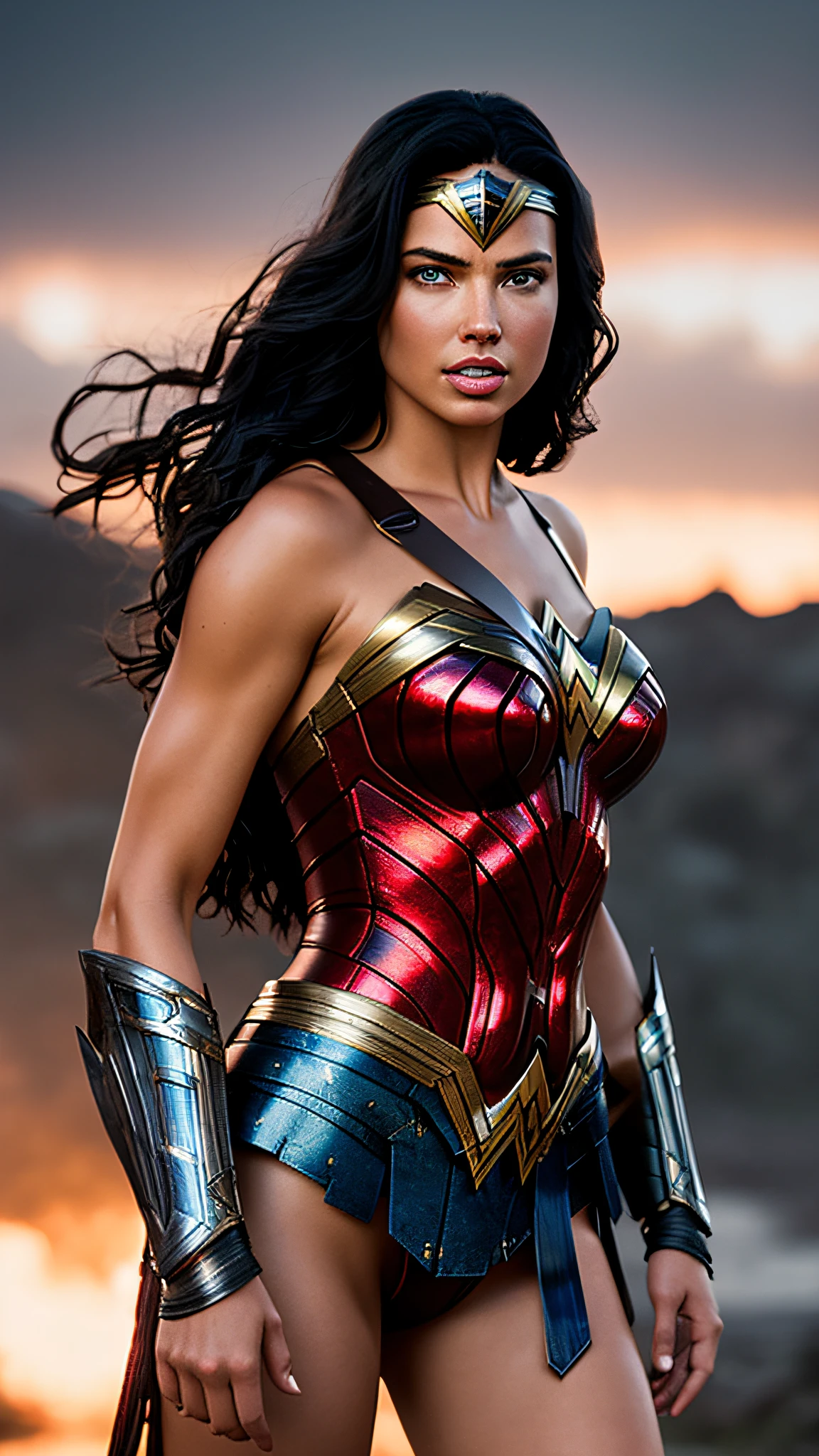 Adriana Lima Model, The cinematic soft lighting illuminates an incredibly detailed and ultra-realistic red and blue Wonder Woman armor that is trending on ArtStation. Octane is the perfect tool to capture the softest details of this 16k photography masterpiece