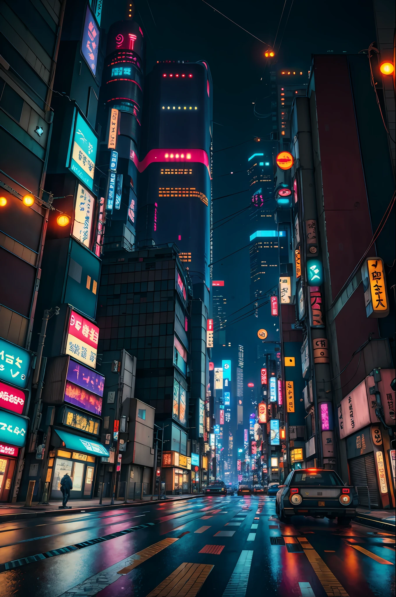 Tokyo's lonely ally, cyberpunk city in science fiction movies, cars in the foreground, empty streets, intricate, ultra-detailed, realistic, surreal, high quality, hyper-detailed, crazy detail, photorealism, 8k