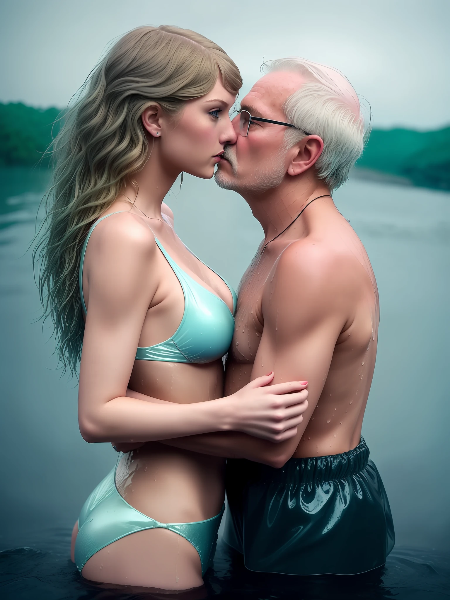 portrait of two people, Taylor swift and an old man ((kissing)), wet body, sexy outfit, different hair color, hdr, slate atmosphere, cinematic, dimmed colors, dark shot, muted colors, film grainy, lut, insane details, intricate details, hyperdetailed,