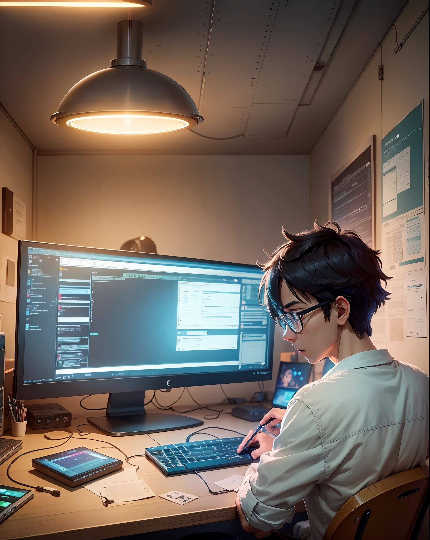 a nerdy boy is programming at a computer in a room full of gadgets, by makoto shinkai and ghibli studio, dramatic lighting, highly detailed, incredible quality --auto --s2