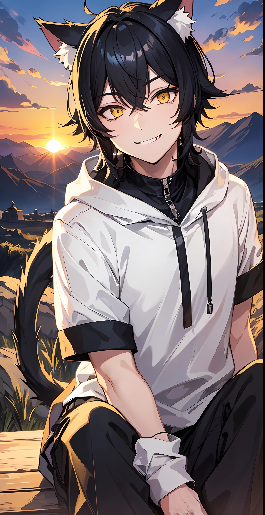 1boy, black hair, yellow eyes, big sharp cat ears, fluffy long cat tail, staring at viewer while grinning, mountainous setting, sunset, modern, 4k Resolution