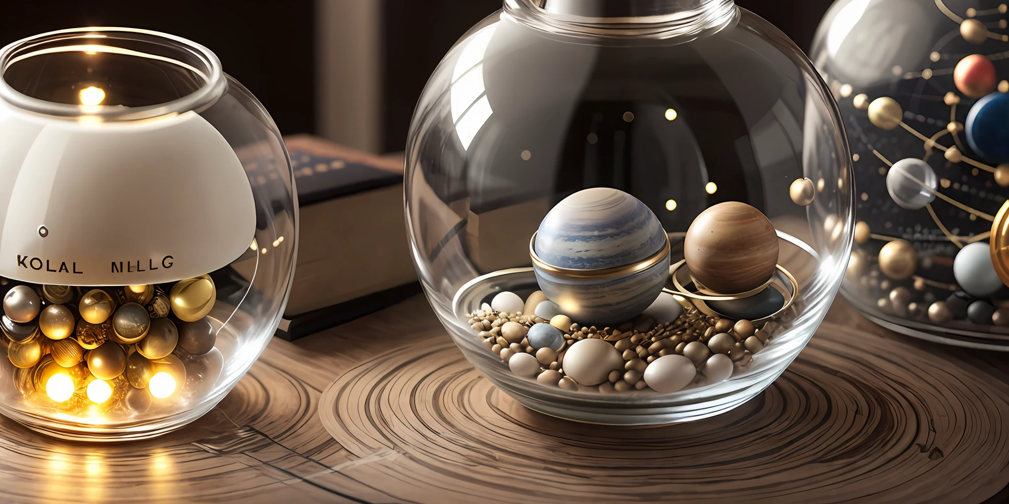 Knolling: Solar system inside a glass jar, lights, lighting, high details, 8k, --auto --s2