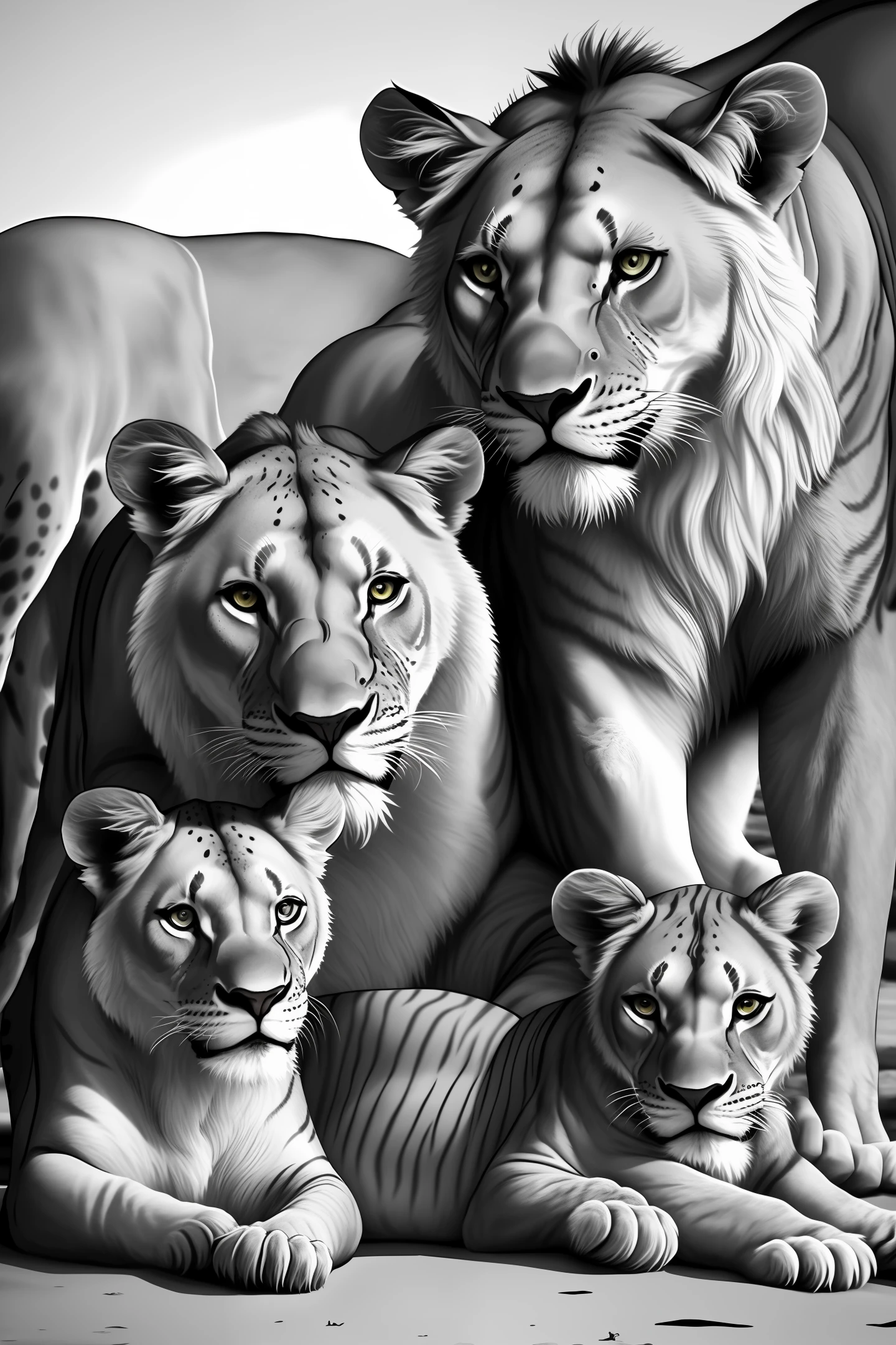 Mother lioness watching human cub, tattoo design black and white