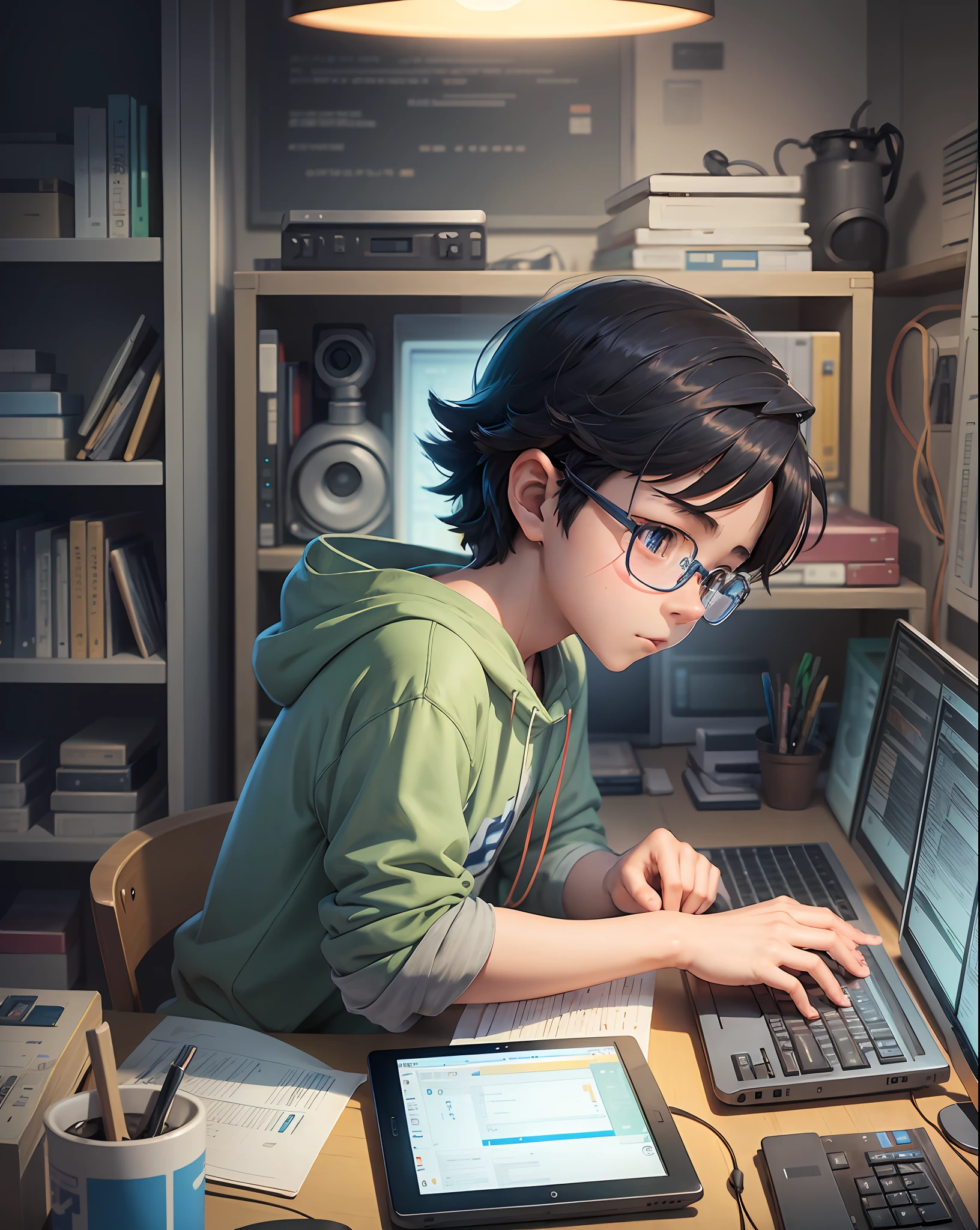 A nerdy kid is programming on a computer in a room full of gadgets, by Makoto Shinkai and Ghibli Studio, dramatic lighting, highly detailed, amazing quality --auto --s2