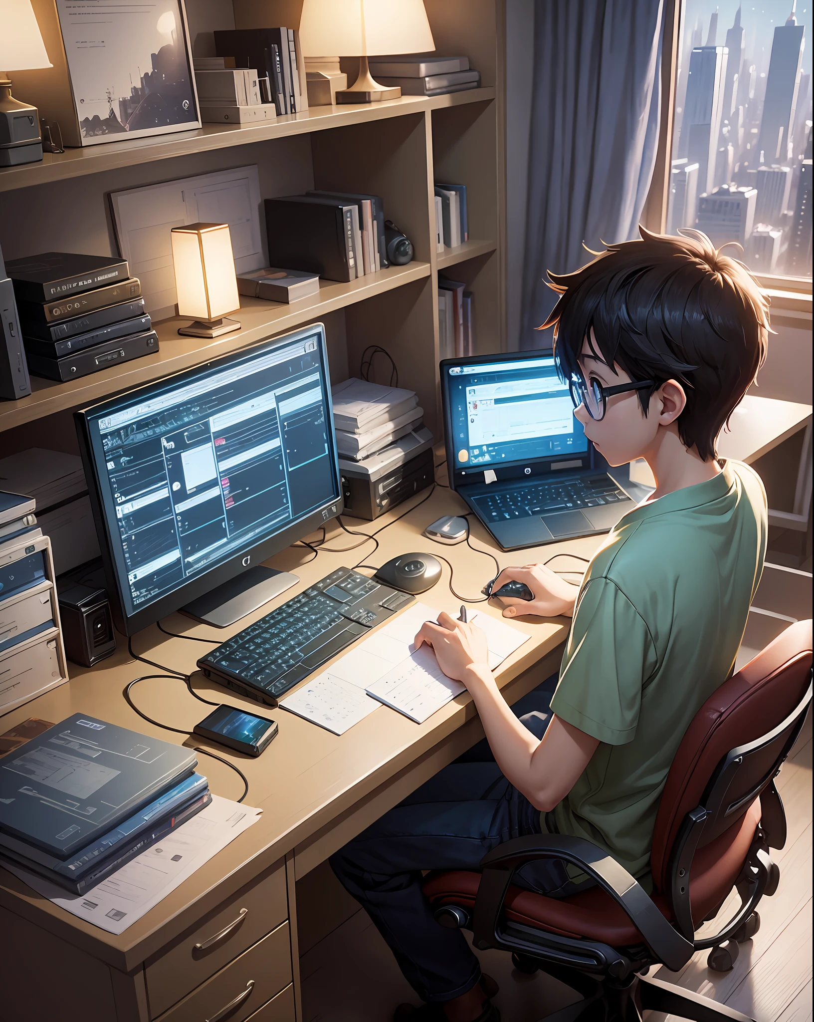 A nerdy ??? is programming on a computer in a room full of gadgets, by Makoto Shinkai and Ghibli Studio, dramatic lighting, highly detailed, amazing quality --auto --s2