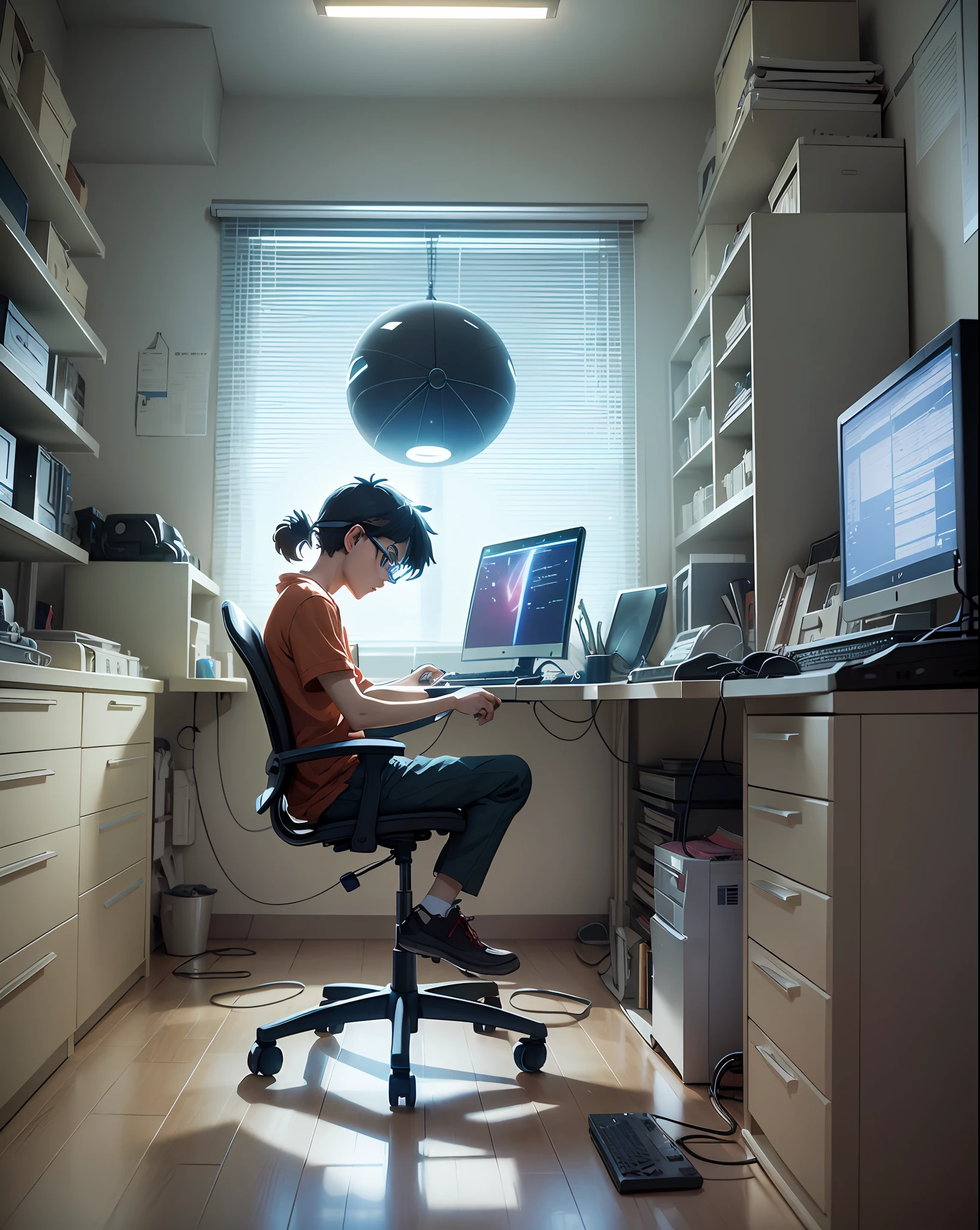A nerdy kid is programming on a computer in a room full of gadgets, by Makoto Shinkai and Ghibli Studio, dramatic lighting, highly detailed, amazing quality --auto --s2