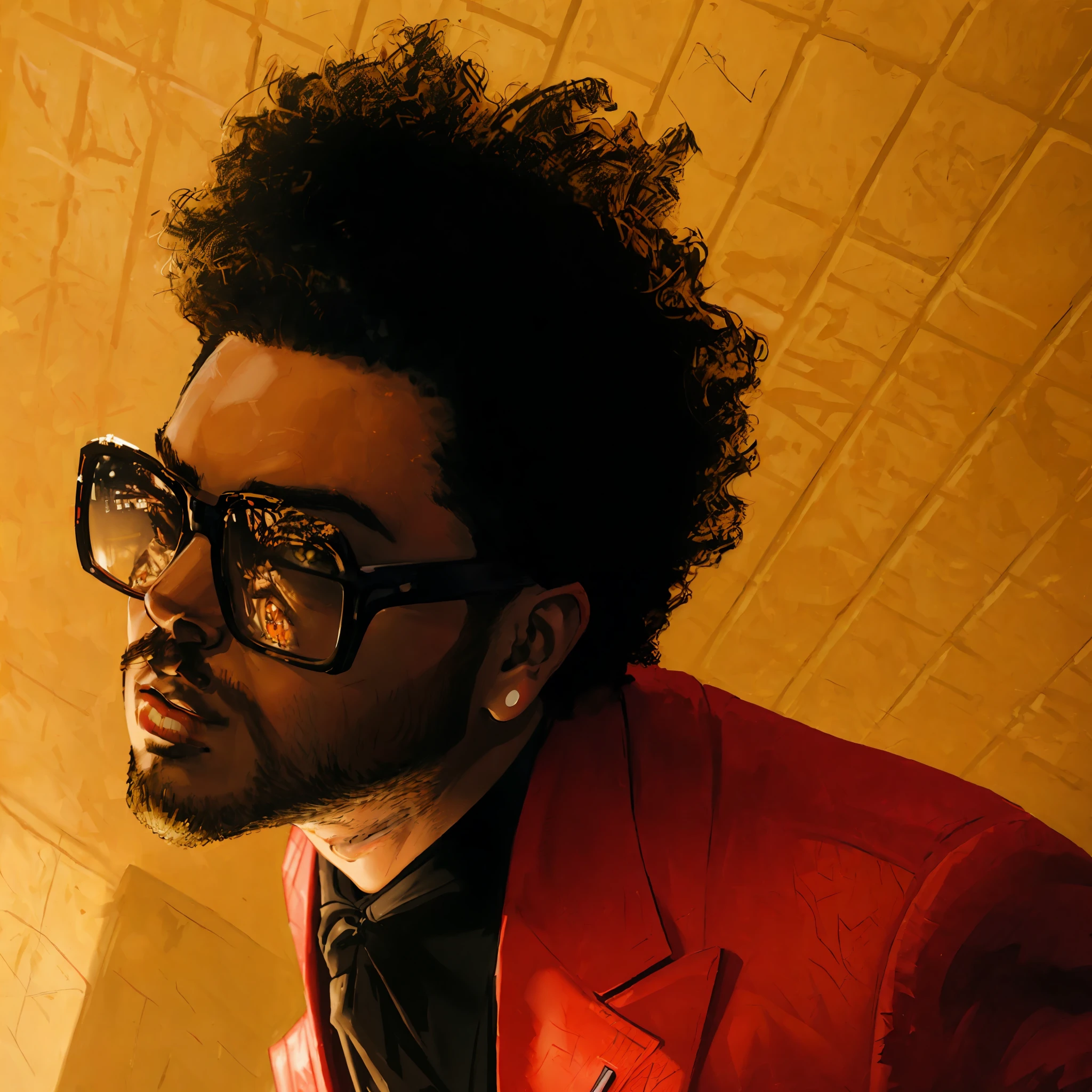 ((((best quality))), (((ultra detailed))), (((masterpiece))), illustration,(cover style illustration of The Weeknd magazine with red suit), posing in front of a colorful and dynamic background. The text on the cover should be bold and attention-grabbing, with the magazine title and a catchy title. The overall style should be modern and modern, with a focus on fashion and lifestyle), wallpaper,crowds,fashion,lipstick,ray tracing,depth of field,street,in public,day 1girl,solo,looking at viewer, shiny skin,