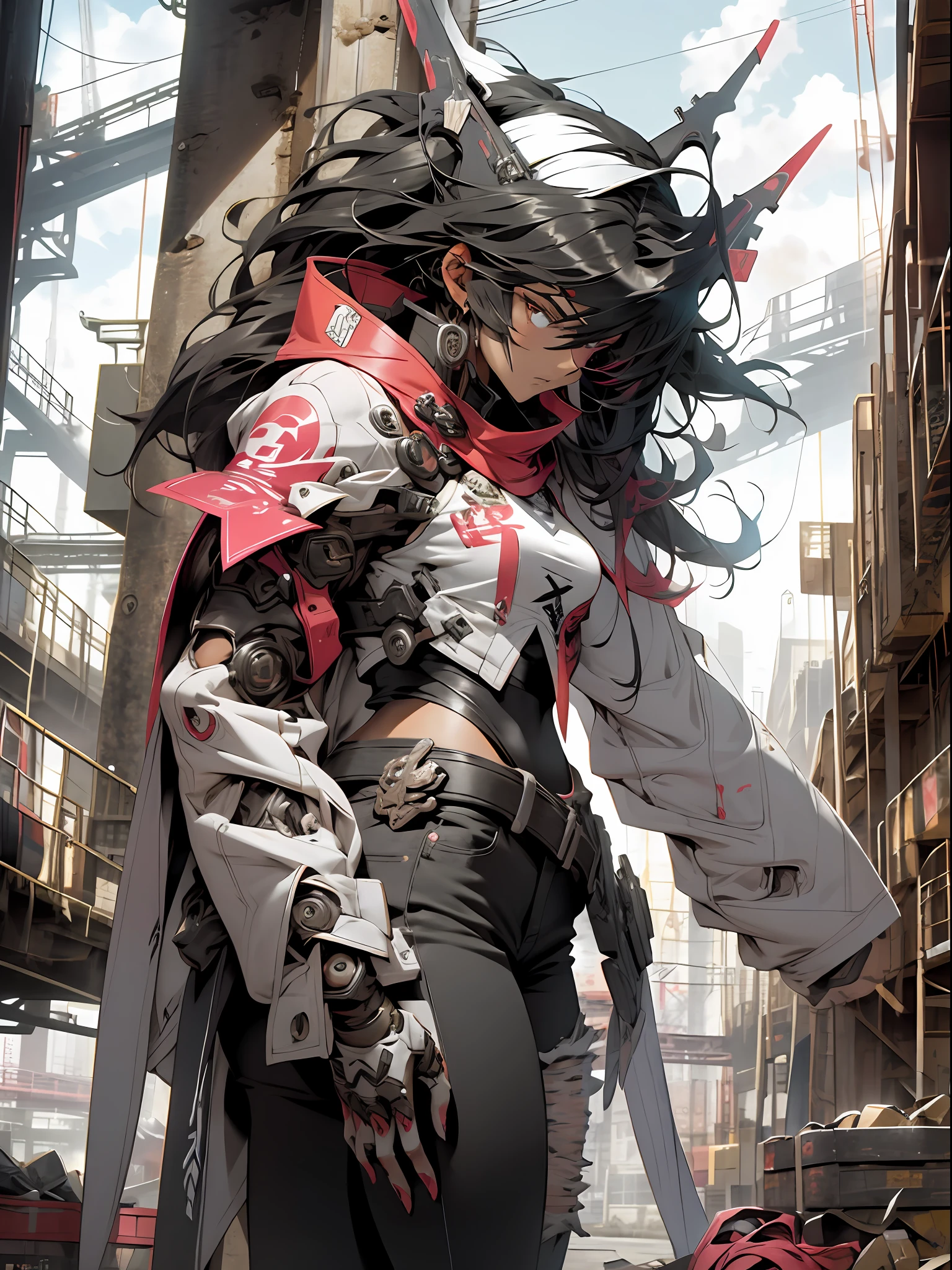 ultra furious futuristic warrior with the power to destroy everything around her, arms with technological coverage in circular details super defined and ultra embossed details in tattoo style in the colors red, white, black in gradient style, steel rods on the back, jeans with tribal tattoo print, long black hair, perfect body and large breasts, stark pose preparing for battle, ultra colorful destroyed scenery, text, Japanese graffiti letters, perfect GUILTY GEAR -STRIVE style