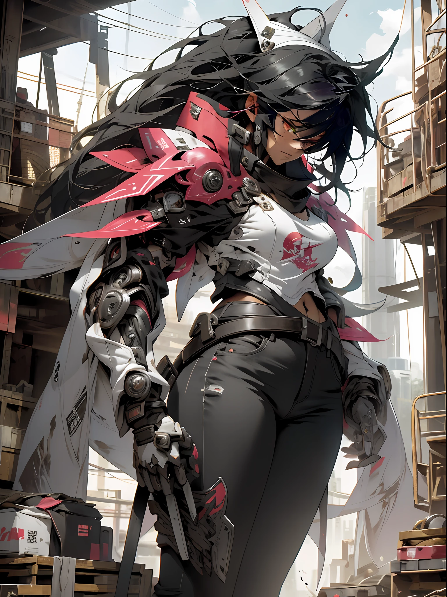 ultra furious futuristic warrior with the power to destroy everything around her, arms with technological coverage in circular details super defined and ultra embossed details in tattoo style in the colors red, white, black in gradient style, steel rods on the back, jeans with tribal tattoo print, long black hair, perfect body and large breasts,  stark pose preparing for battle, ultra colorful destroyed scenery, text, Japanese graffiti letters, perfect GUILTY GEAR -STRIVE style
