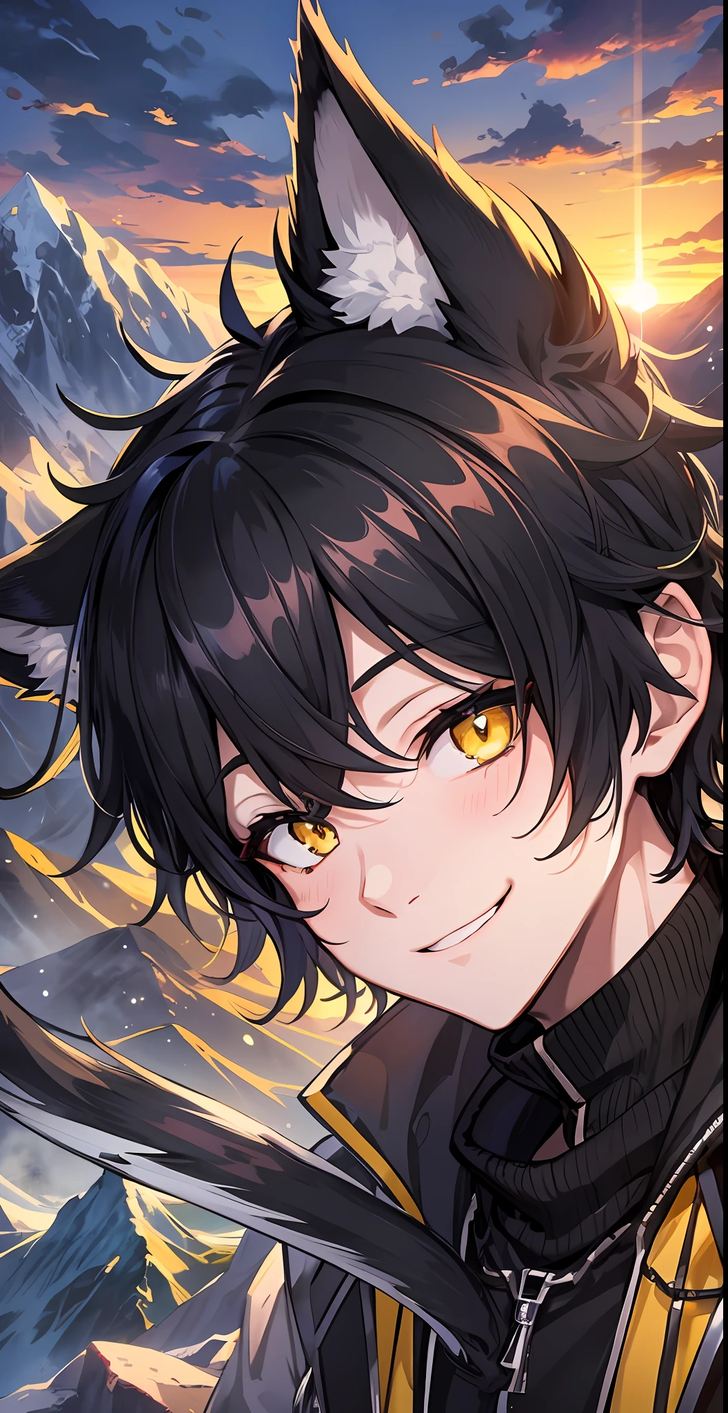1boy, black hair, yellow eyes, big sharp cat ears, cat tail, staring at viewer while grinning, mountainous setting, sunset, modern, 4k Resolution