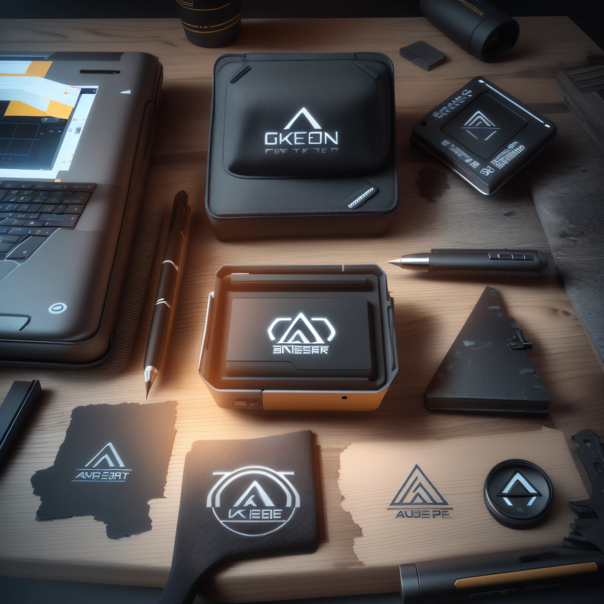 Visual identity of a construction company: pen and other items on a table, product rendering, 3D product rendering, product design rendering, packshot, photoreal octane rendering, asset pack, Adobe best in stock, high quality 3D rendering, high quality 3D rendering, official logo photo, on a dark background, product design photo, solid form 2D logo --auto --s2