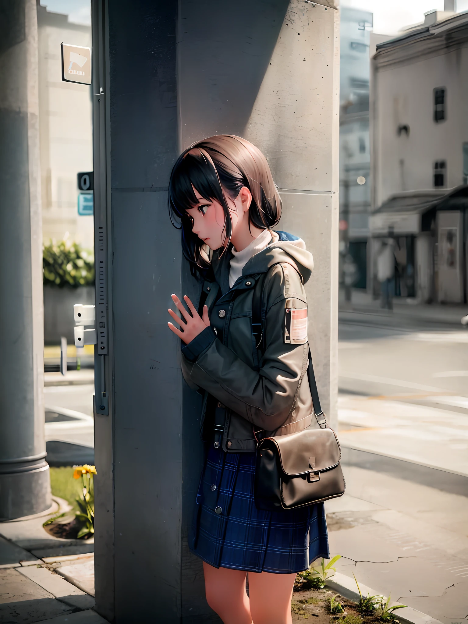 A girl talking to a lonely leftover in a gloomy environment, but with subtle touches of color beginning to appear.