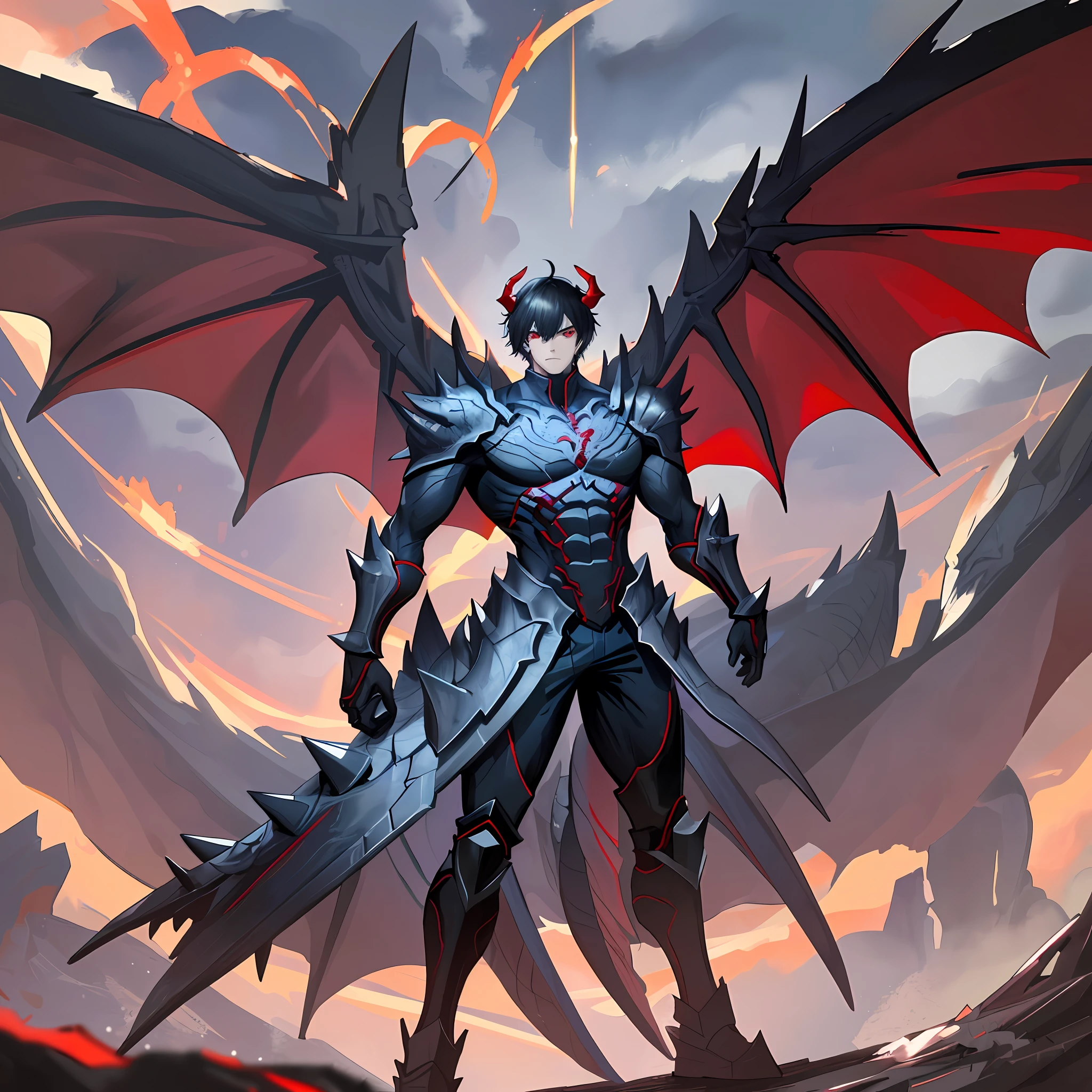 "((8k, best quality), masterpiece:1.2) In the chaos of battle, a man stands tall with his dragon-human form. With short black hair, red eyes, red horns and a big spiky tail, he defiantly faces his enemies. Capture his full body in