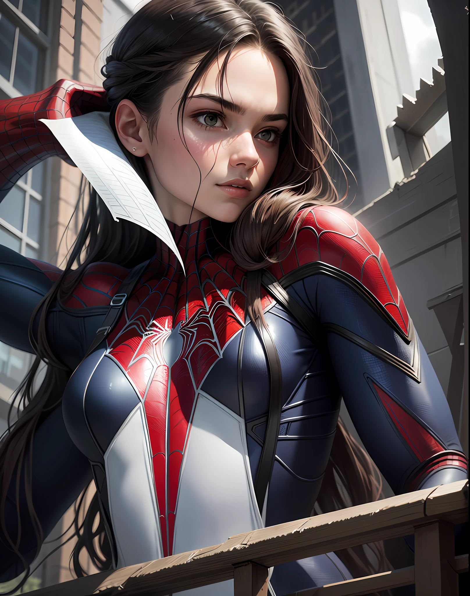 18 yo girl, spider man suit, long hair, rain, roof, masterpiece, intricate detail, perfect anatomy