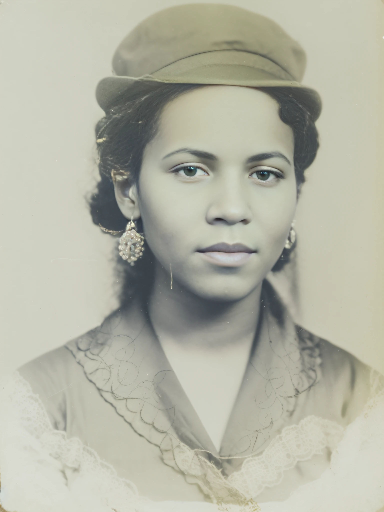 arafed photograph of a woman with a hat and a dress, photo of a woman, potrait, aged photo, old photo, closed up portrait, old picture, old photograph, very old photo, portrait n - 9, protrait, an old balck and white photo, photo of a black woman, black and white old photograph, grainy damaged photo