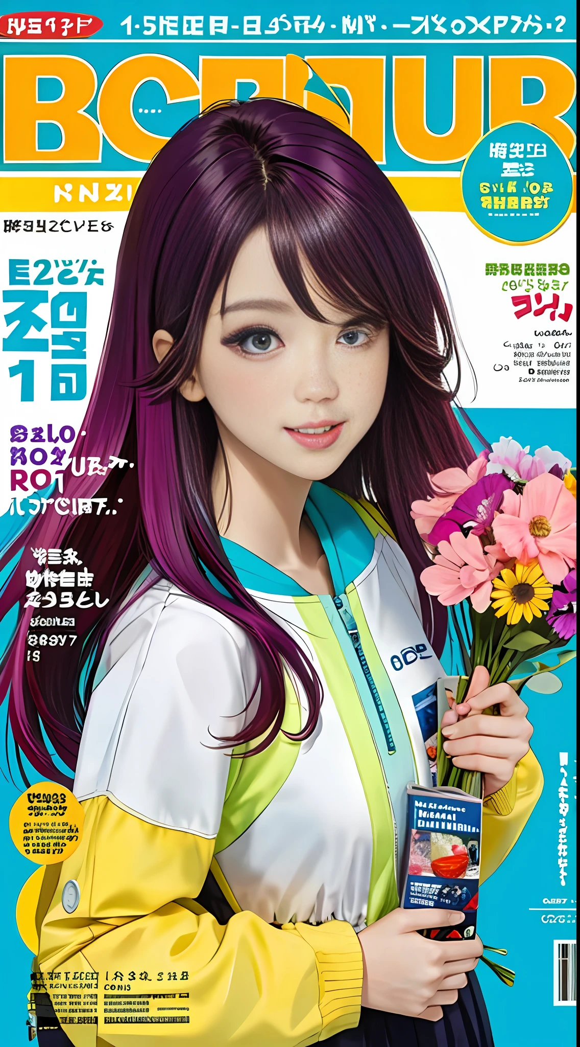 masterpiece, best quality, spring outfit, colorful hair, outdoor, magazine cover ,upper body,