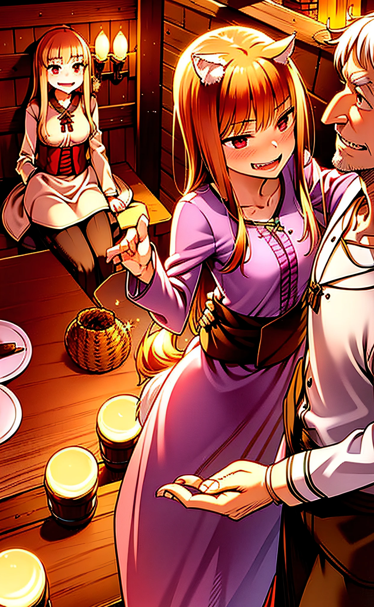 (illustration, warm colors:1.3), (tavern interior:1.2), (oil lamps:1.3), (flickering shadows:1.2), (rough-hewn walls:1.2)
(characters:1.2), (Horo:1.2), (Craft Lawrence:1.2), (mischievous grin:1.2), (tail twitching:1.1)
(goblets:1.2), (burgundy wine:1.2), (sharp teeth:1.2), (confused expression:1.2), (amused expression:1.2)
(crates of apples:1.1), (sacks of grain:1.1), (cozy atmosphere:1.3), (warm glow:1.3) The warm glow of oil lamps illuminates the cozy tavern, casting flickering shadows on the rough-hewn walls. Horo and Craft Lawrence are seated at a small wooden table, surrounded by crates of apples and sacks of grain. Horo leans forward with a mischievous grin on her face, her tail twitching behind her. She lifts her goblet of rich burgundy wine to her lips, her sharp teeth visible in the flickering light. Craft Lawrence watches her with a mix of amusement and confusion, his own goblet forgotten in his hand.