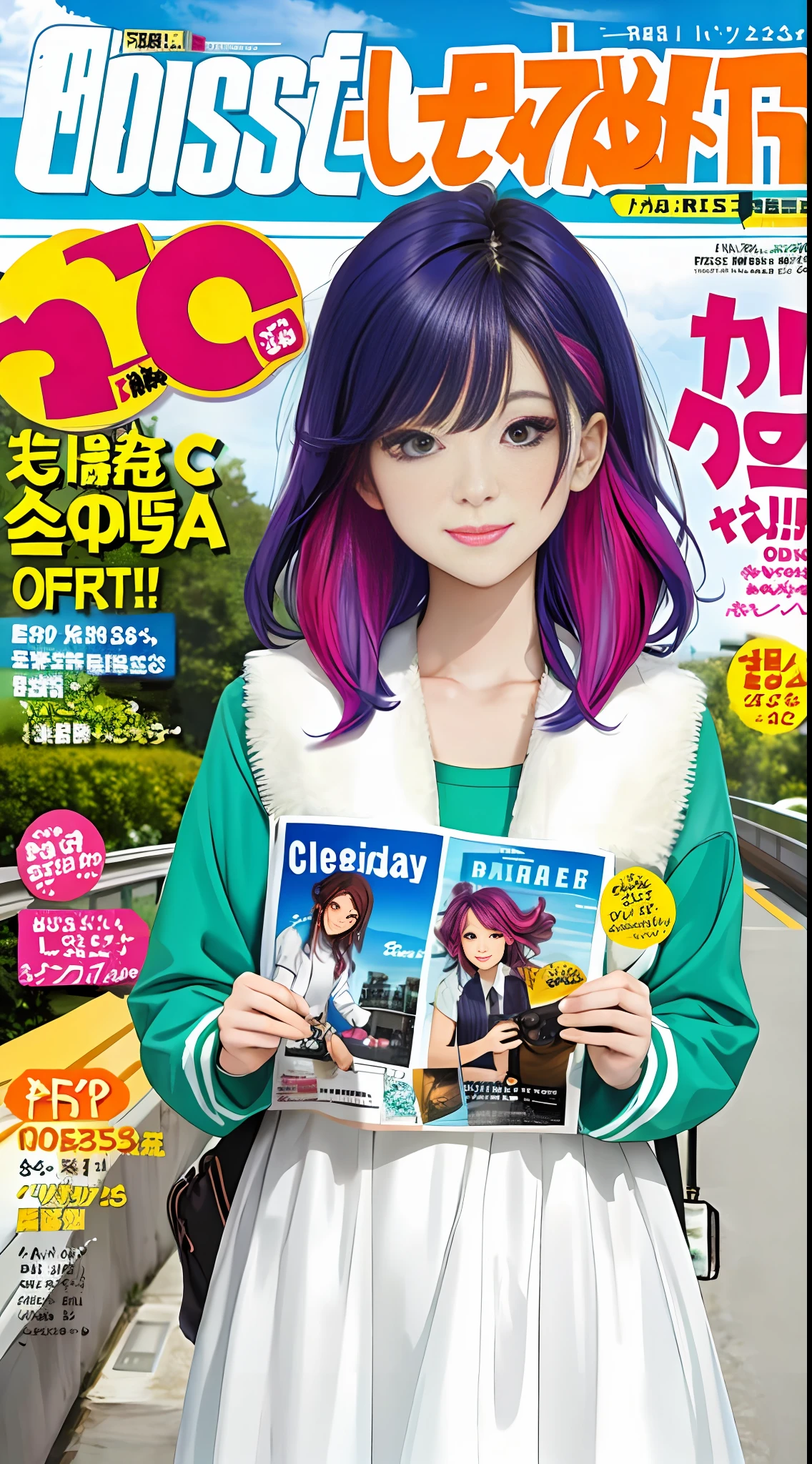 masterpiece, best quality, spring outfit, colorful hair, outdoor, magazine cover ,upper body,