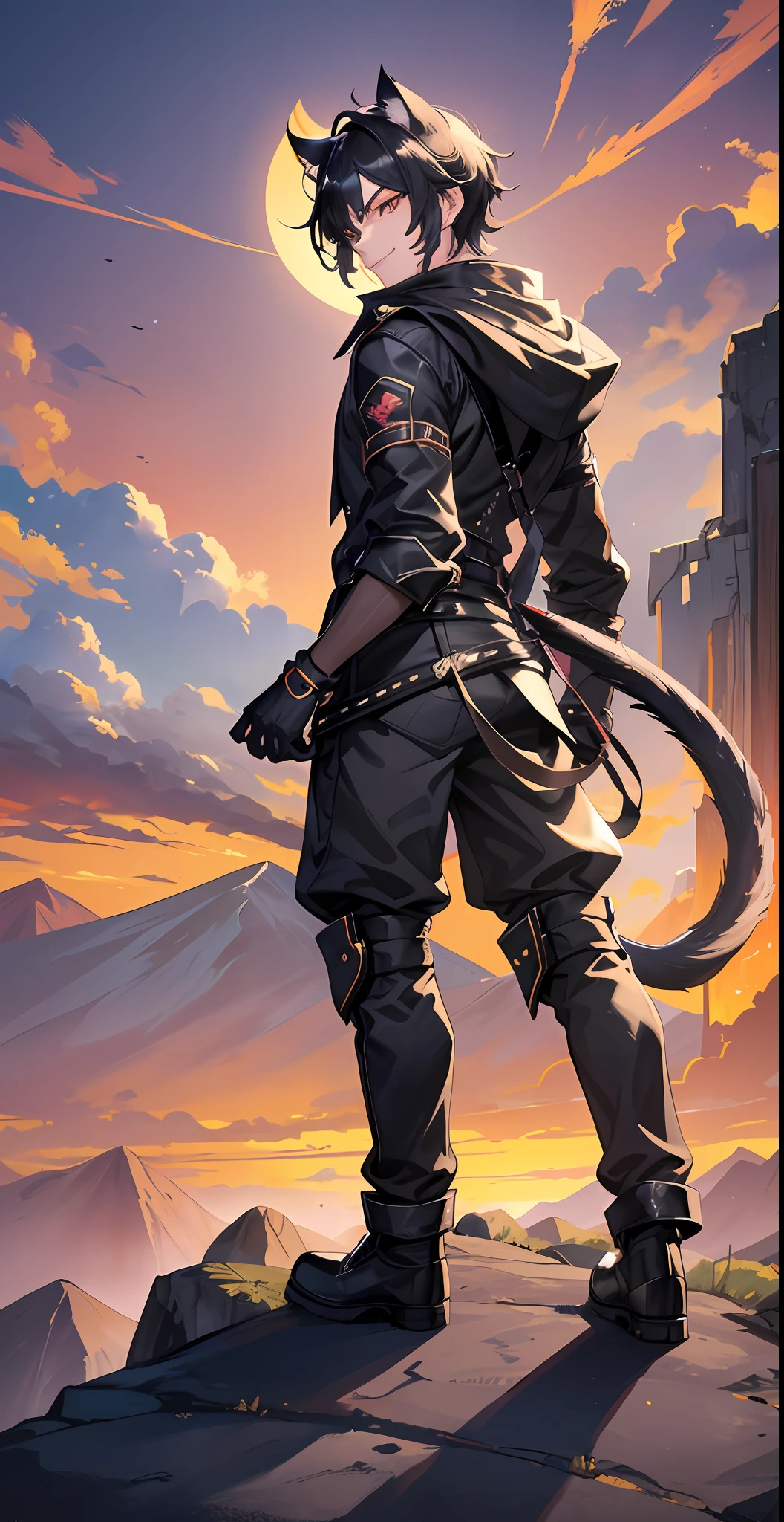 1boy, glossy black hair, amber eyes, large sharp cat ears, cat tail, staring at viewer while grinning, mountainous setting, sunrise, 4k Resolution, full body view