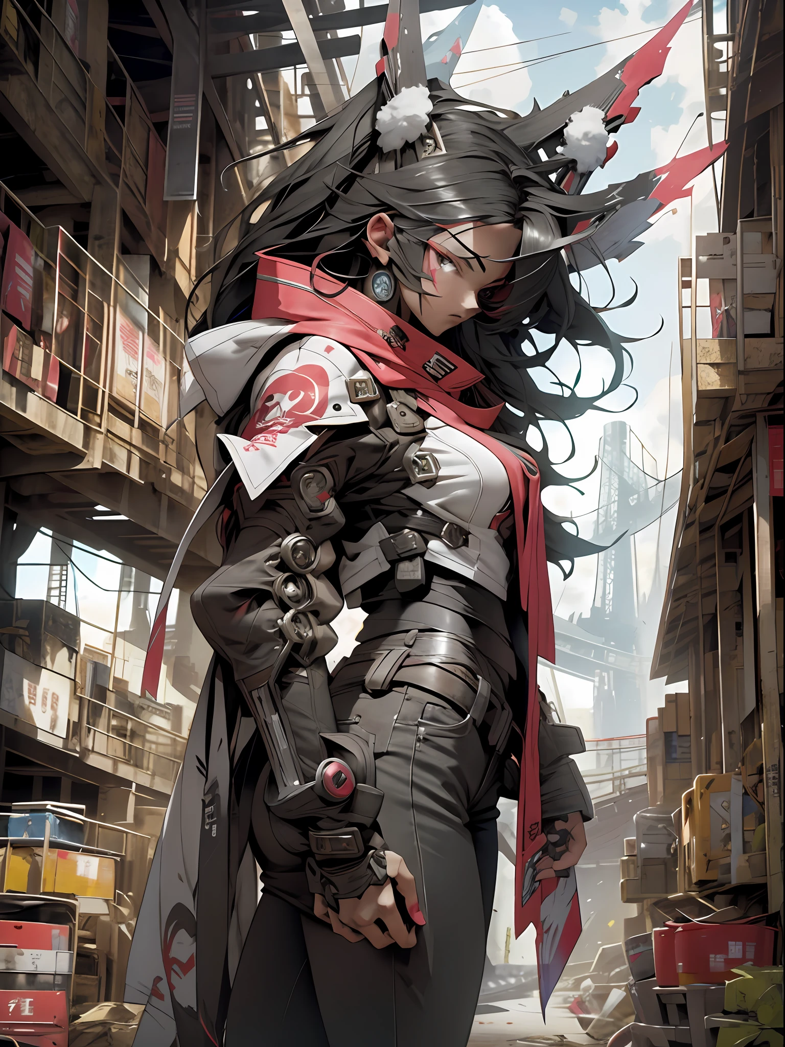 ultra furious futuristic warrior with the power to destroy everything around her, arms with technological coverage in circular details super defined and ultra embossed details in tattoo style in the colors red, white, black in gradient style, steel rods on the back, jeans with tribal tattoo print, long black hair, perfect body and large breasts, stark pose preparing for battle, ultra colorful destroyed scenery, text, Japanese graffiti letters, perfect GUILTY GEAR -STRIVE style
