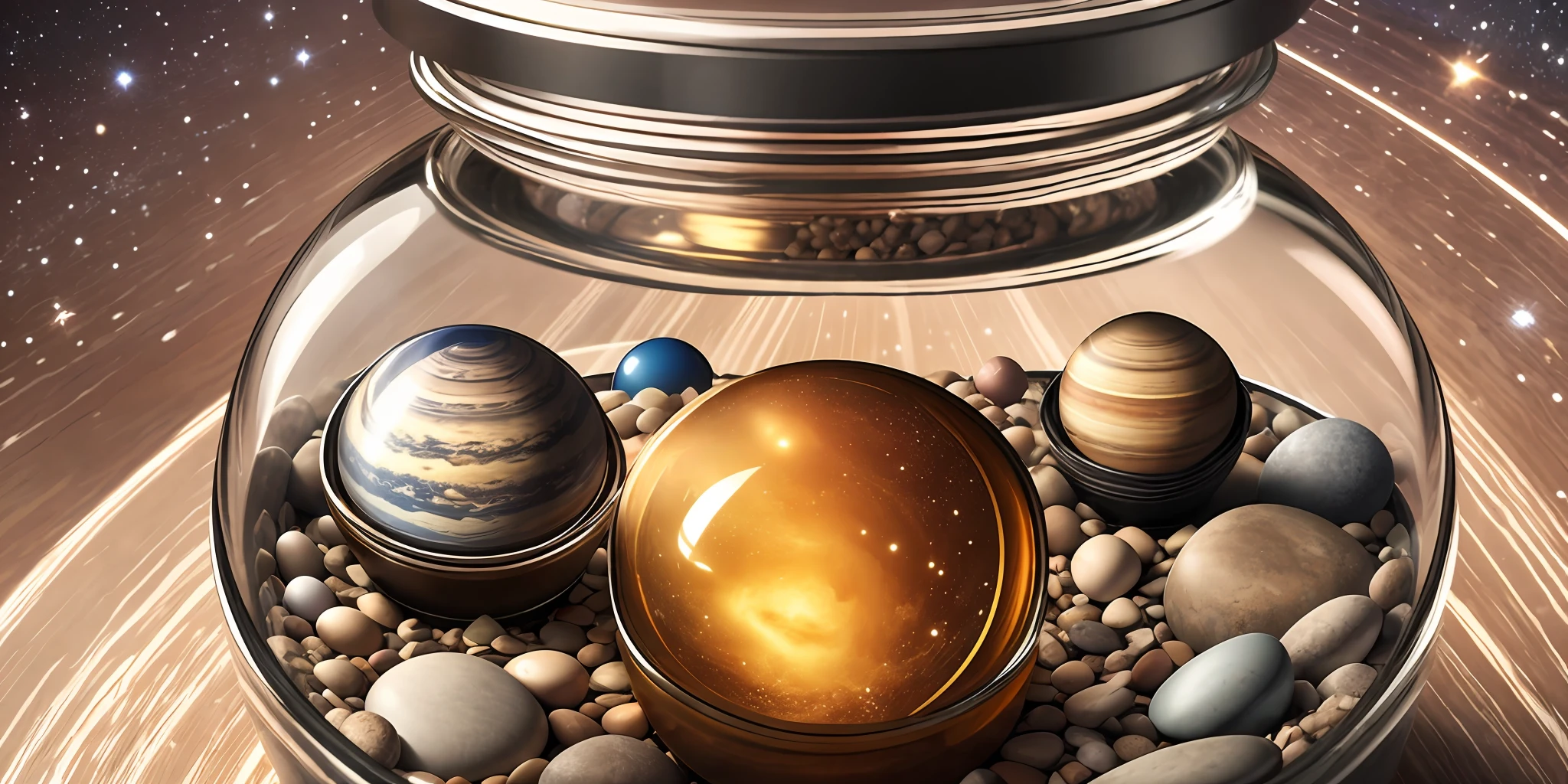 Knolling: Solar system inside a glass jar, lights, lighting,  high details, 8k, --auto --s2