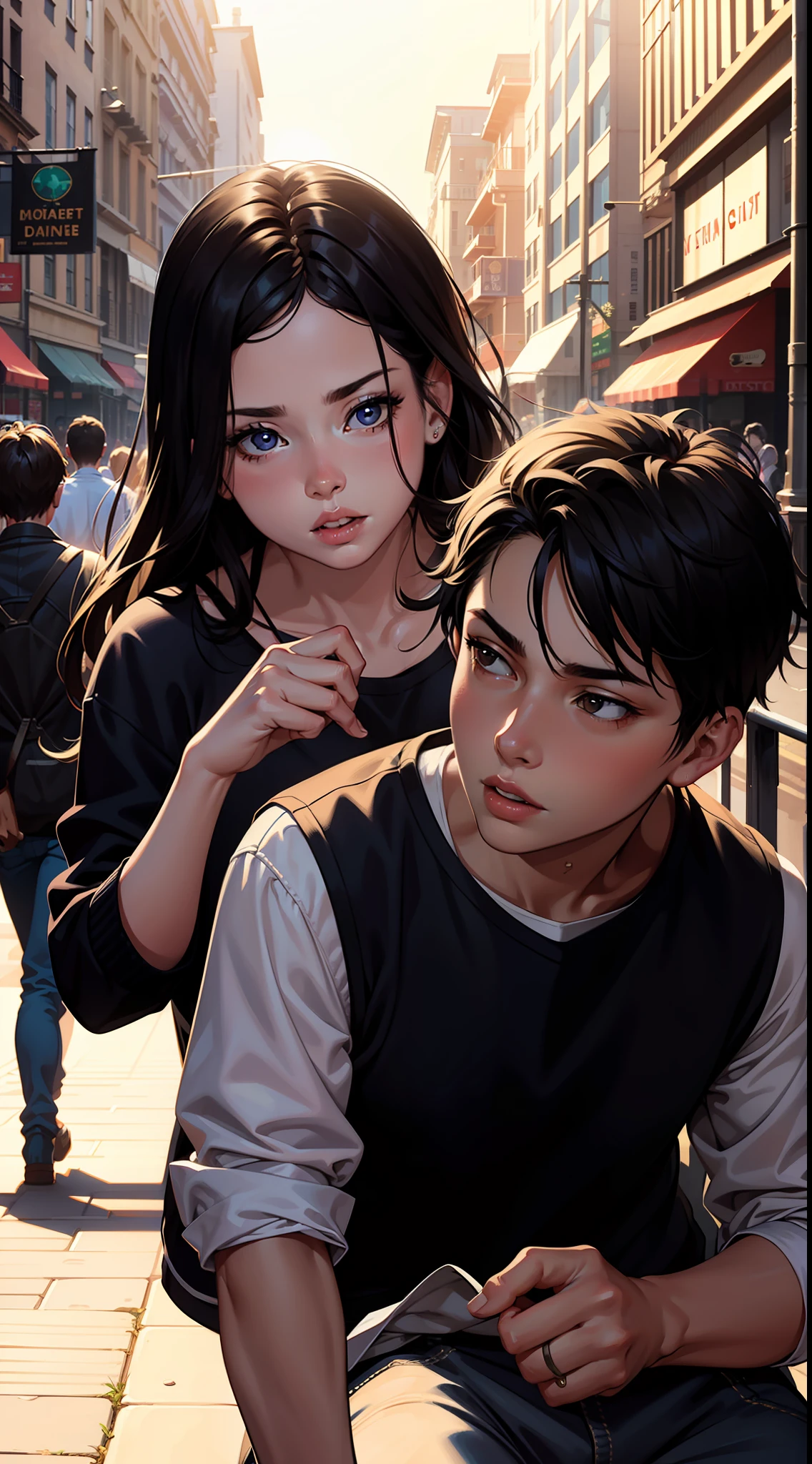 girl pushing boy with her hand, couple, boy and girl, photorealistic, (hyperrealistic:1.2), beautiful, masterpiece, best quality, extremely detailed face, perfect lighting,