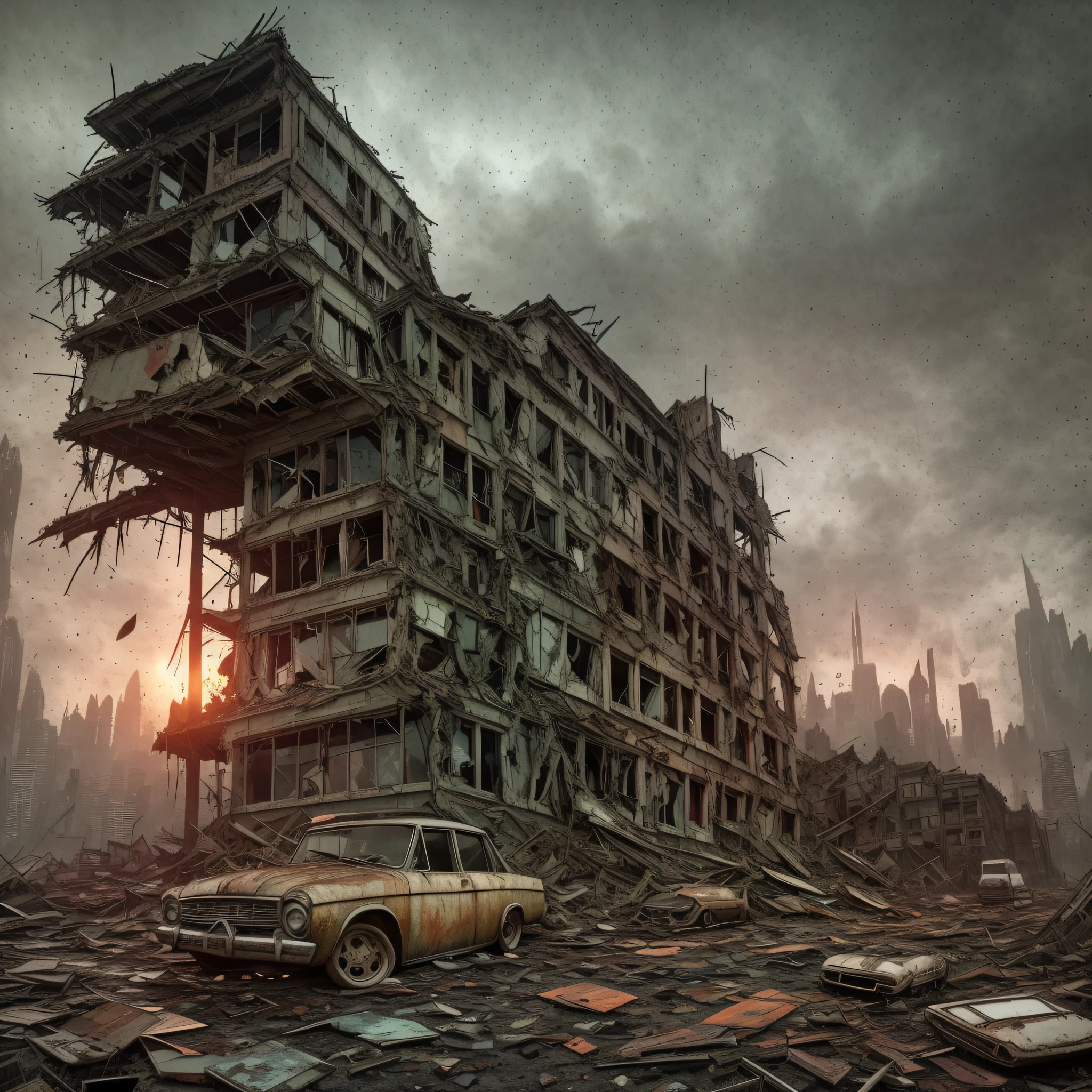 end of the world, (hdr:1.1), (muted colors:1.3),(broken rusty car:0.8), (shards of glass:0.3), (books on earth:0.3), car wreckage, correct scale, apocalypse, abandoned, neutral colors, night, screen space refractions, (intricate details), (intricate details, hyperdetailed:1.2), artstation, cinematic shot, vignette, complex background, buildings, snowy