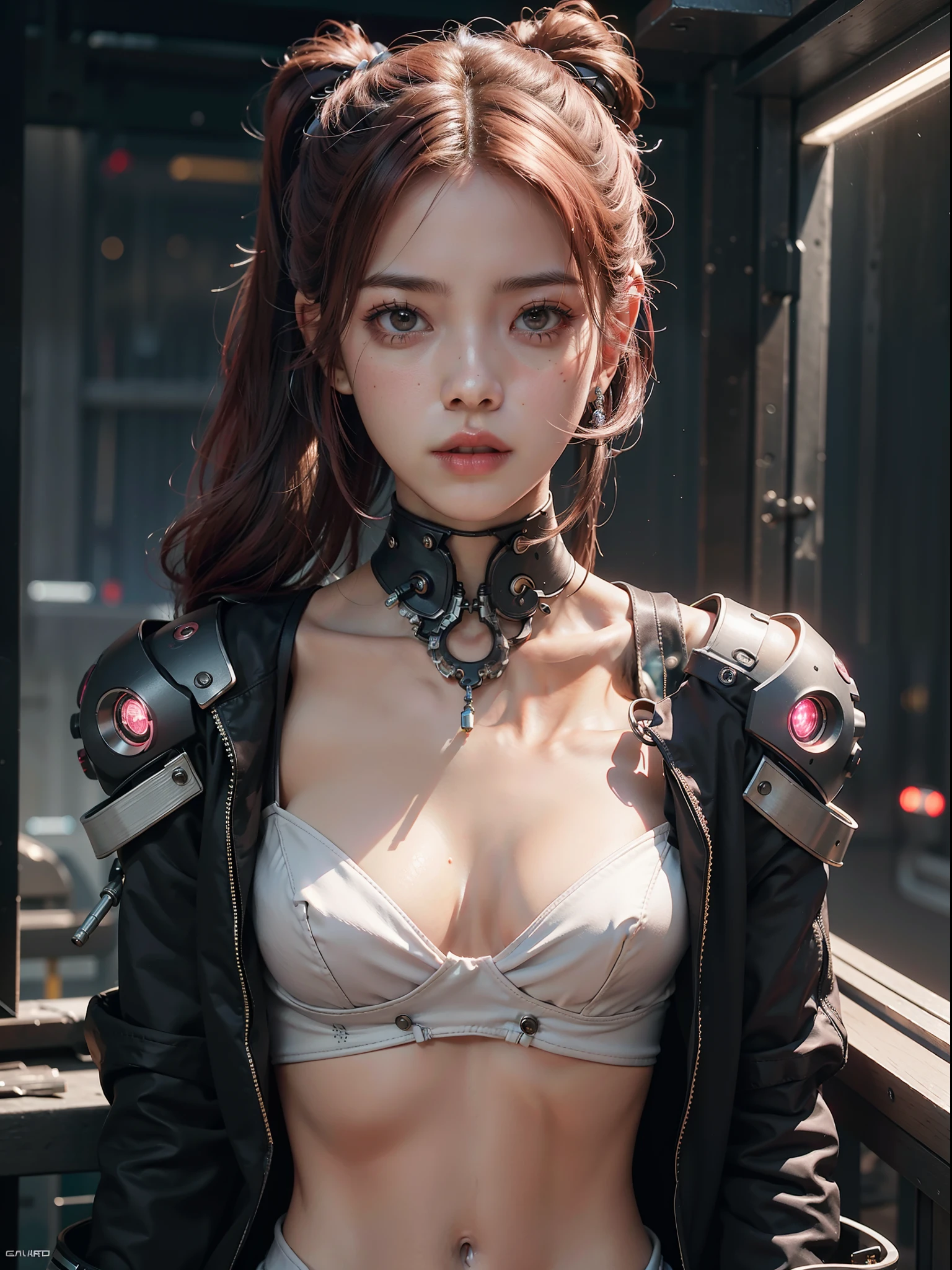 A cute mechanical cyberpunk Rosé Blackpink girl, realistic details, global illumination, shadows, octane render, 8k, ultra sharp,metal,intricate, ornaments detailed, cold colors, hyperdetailed, highly intricate details, realistic light, trending on cgsociety, glowing eyes, facing camera, neon details, machanical limbs, blood vessels connected to tubes,mechanical vertebra attaching to back, mechanical cervical attaching to neck, wires and cables connecting to head