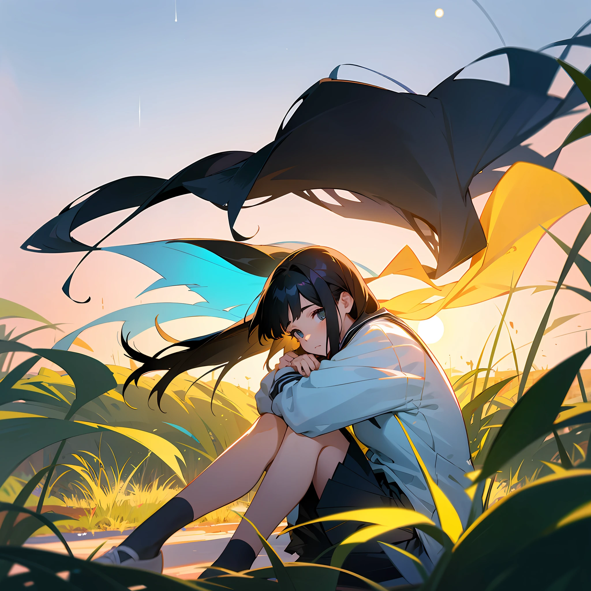 girl, black hair, her hair flying in the wind, school uniform, sits hugging her knees, folded her hands on her knees, side view, look at the viewer, sad picture, the sun is far away, sunset, sits on a wall that has been allowed, vegetation around the frame, blue sky Gradient, Comet,