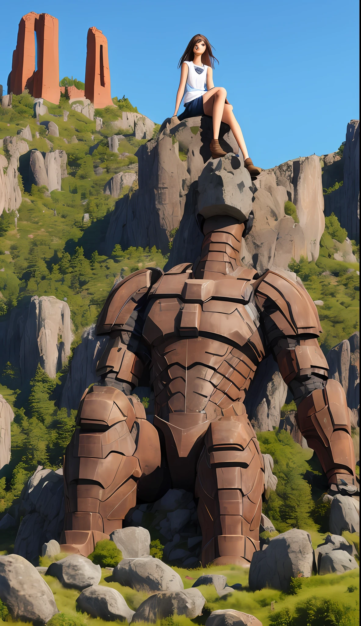 A girl sit on an enormous titan, focus on the giant titan, epic, the titan is made of rocks, masterpiece, best quality, epic