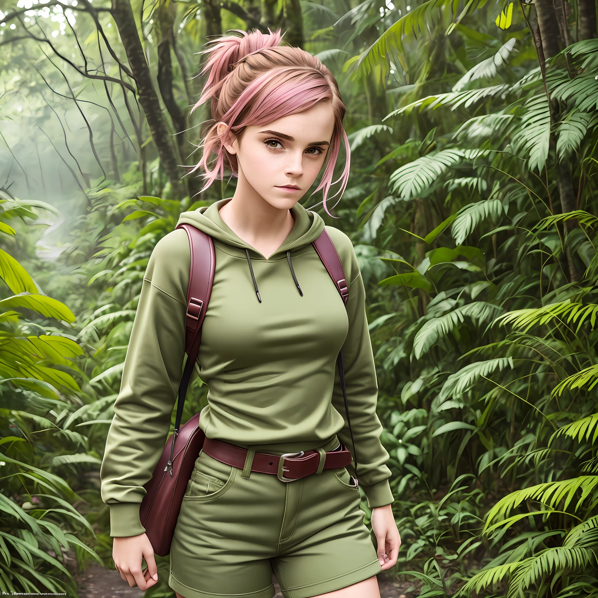 ((Emma Watson)), Professional model shooting style photo woman, green croptop hoodie, green denim shorts, ponytail, braids, in the jungle, fog, vegetation, rainforest, wearing a brown backpack, brown belt, realistic, sharp focus, 8k high definition, insanely detailed, intricate, elegant, on summer day, wing eyeliner, eyeliner wings, hyper-realistic, ultra-detailed, pink hair, over-the-knee boots --auto --s2