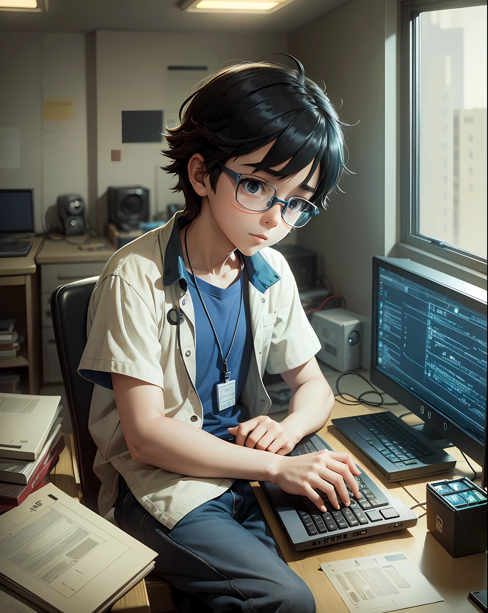 A nerdy kid is programming on a computer in a room full of gadgets, by Makoto Shinkai and Ghibli Studio, dramatic lighting, highly detailed, amazing quality --auto --s2