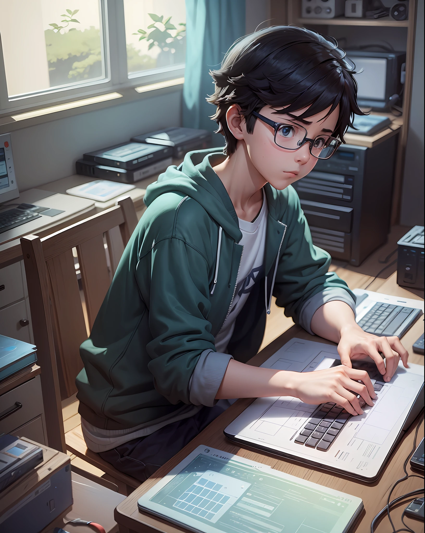 A nerdy ??? is programming on a computer in a room full of gadgets, by Makoto Shinkai and Ghibli Studio, dramatic lighting, highly detailed, amazing quality --auto --s2