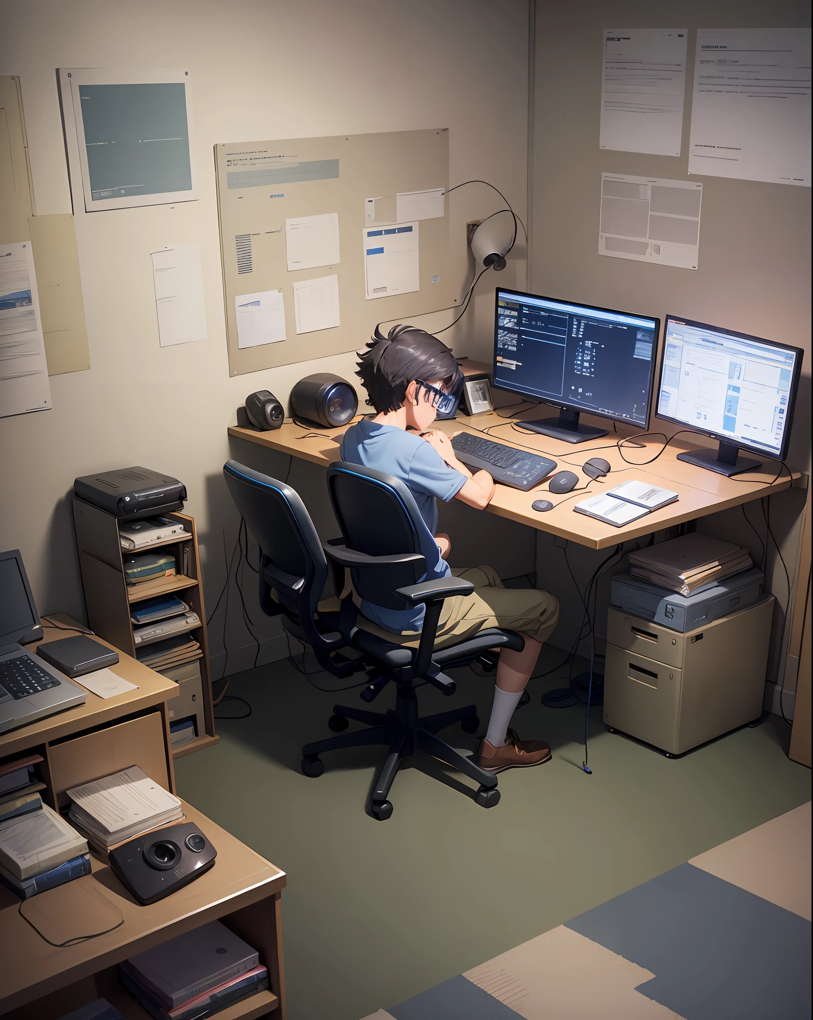 A nerdy kid is programming on a computer in a room full of gadgets, by Makoto Shinkai and Ghibli Studio, dramatic lighting, highly detailed, amazing quality --auto --s2