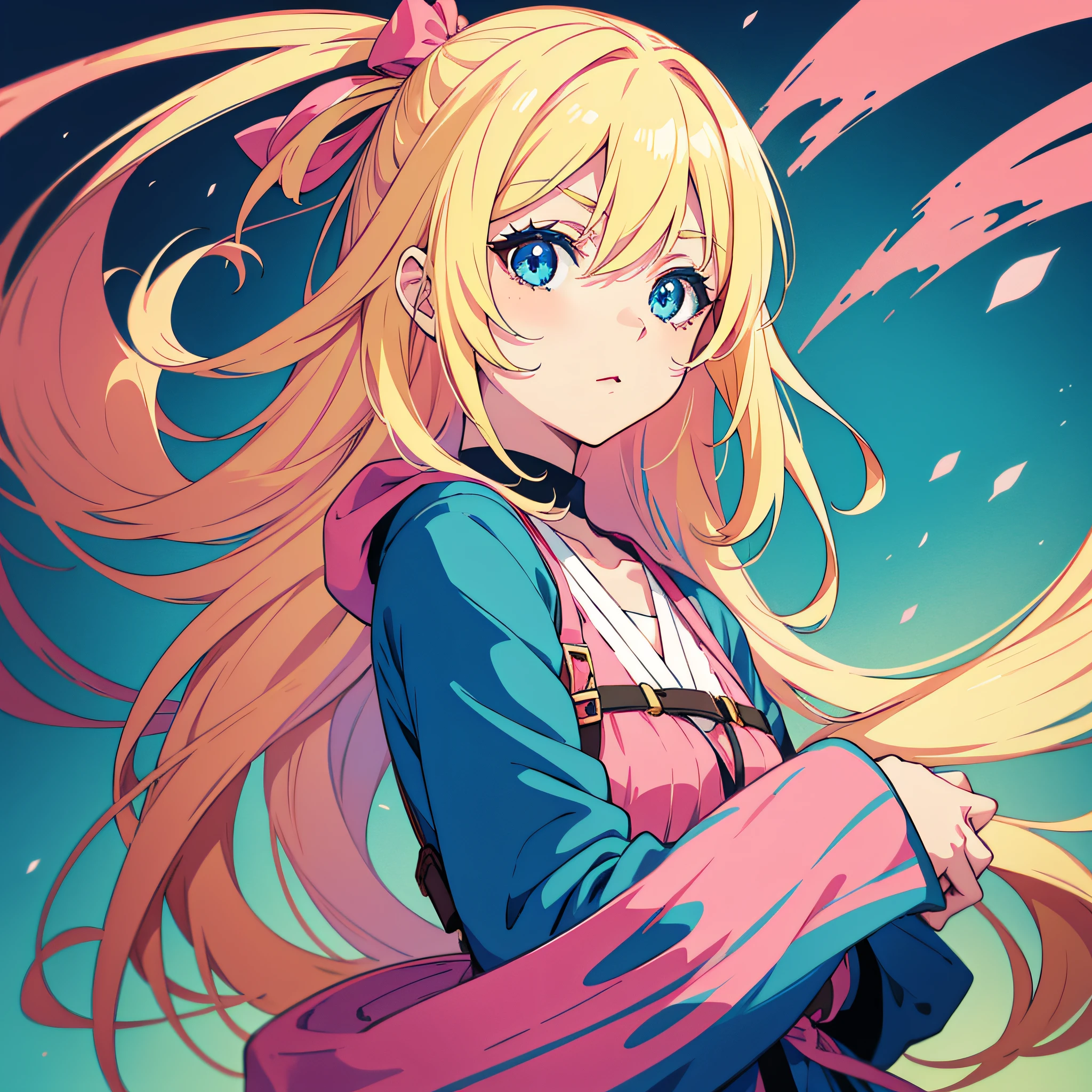 an anime girl, with blonde pink hair, blue eyes,