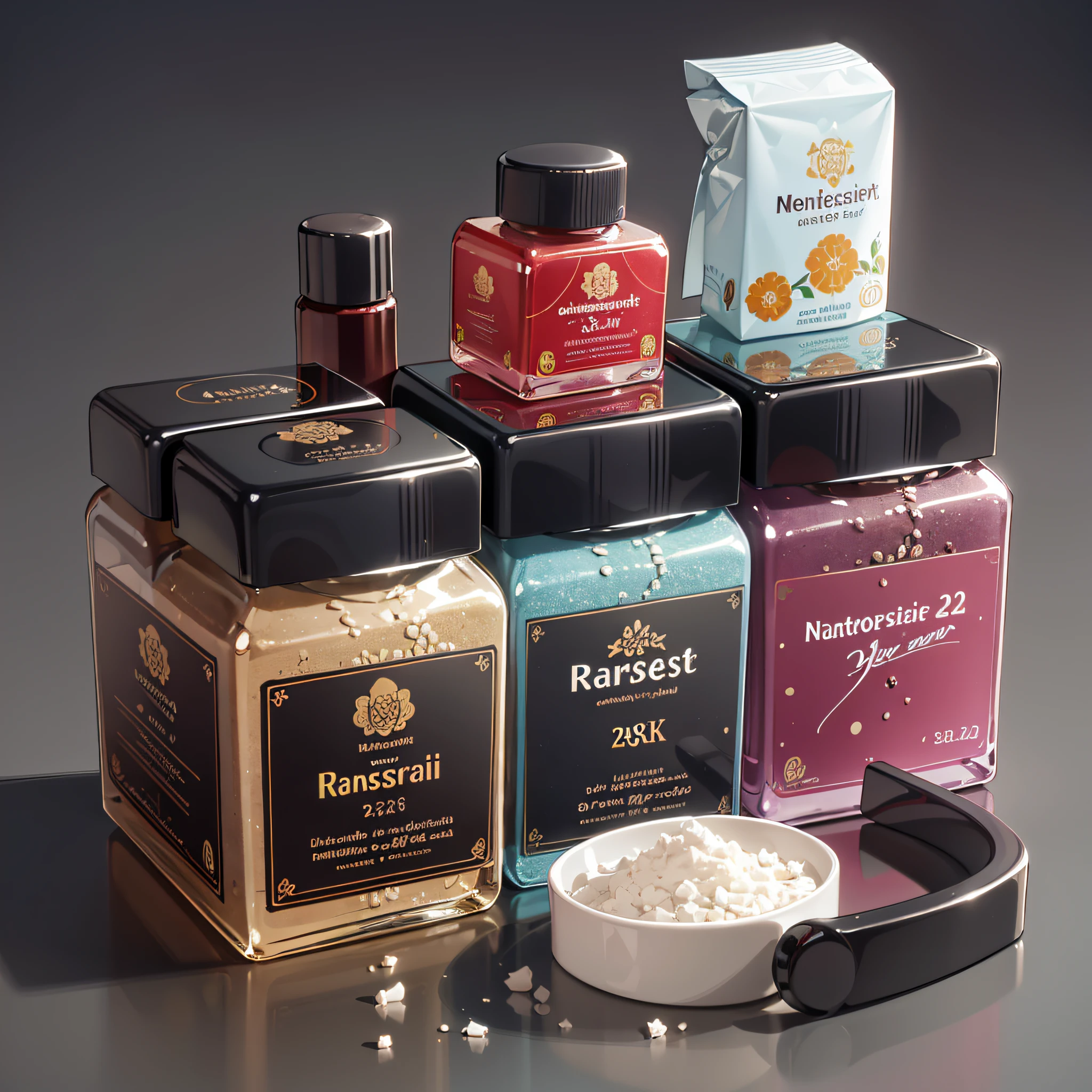 Create a realistic packaging designer of a natural cosmetics product, called Publi, with real textures, with drop type shading with 22% blur and focus position 29.5%, use montsserat parisienne type font, top quality, best quality, official art, beautiful and aesthetic, 8k raw, realistic, yang08k --auto --s2