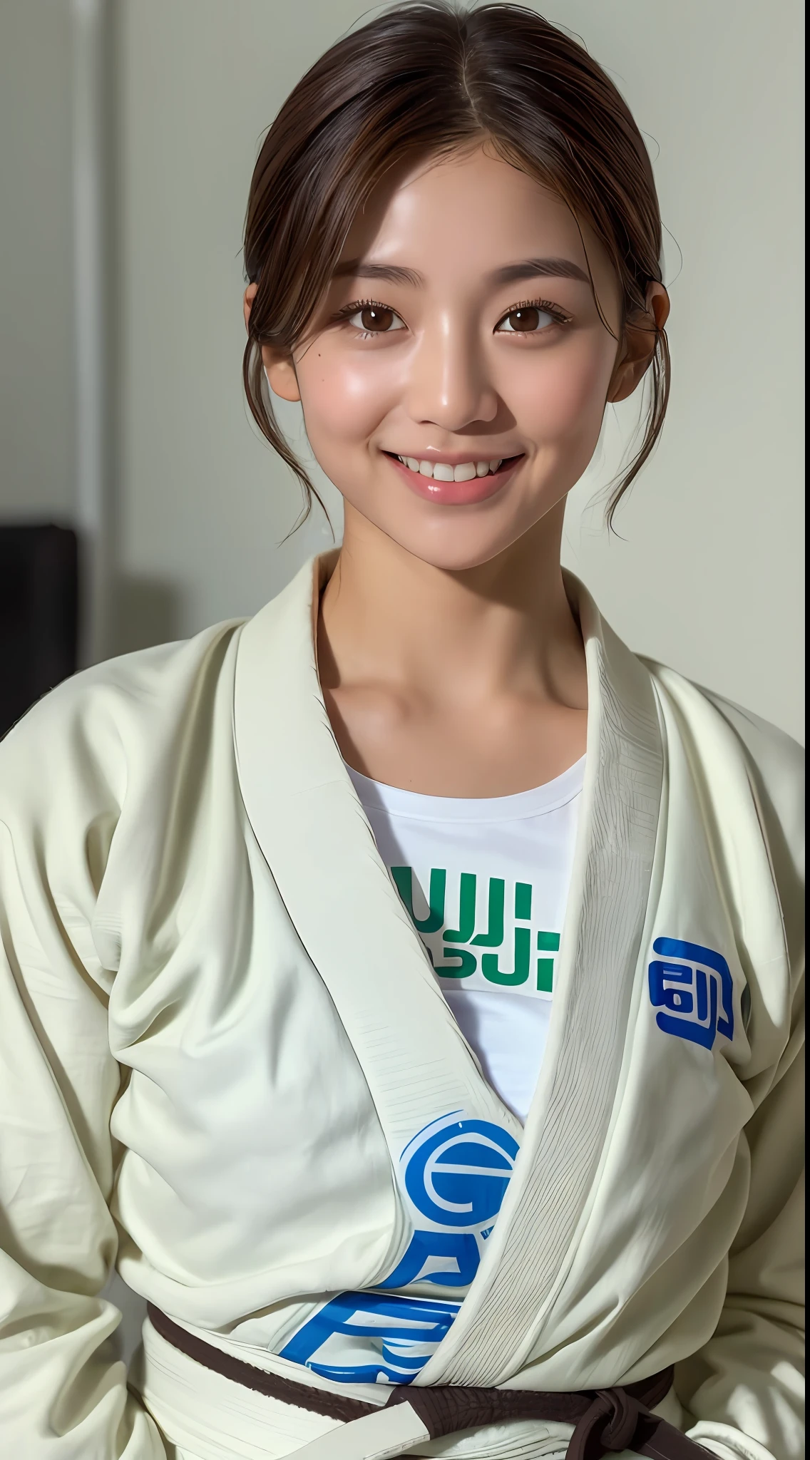 (8k, highest quality, masterpiece: 1.2), (realistic, photorealistic: 1.37), ultra detail, top quality, realistic, very detailed, very delicate and beautiful, RAW photo, (((professional lighting)), face lighting, depth of field, monofocal, full body, 20-year-old woman, brown hair, (big breasts), (((t-shirt)), (muscular)), ((brown eyes)), (((judogi)), small head, ((beautiful eyes )), real face, real skin, real face, real skin, detailed eyes, ((judo)), ((Brazilian jiu-jitsu)), ((long sleeve doshi)), (dojo)), ((wearing a jiu-jitsu robe)), (fashionable hairstyle: 1.3), viewer, (sweating)), girl 1 person, (cute Japan woman photo)), cute, sports, (smile: 1.15), (closed mouth), fine and beautiful eyes, judoka, sweaty, healthy body, (short hair: 1.2), floating hair NovaFrogStyle, tanned skin, trainee, athlete,