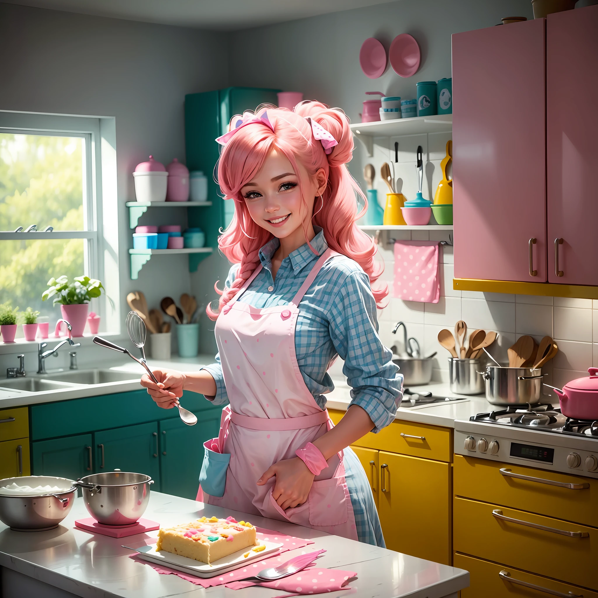 The image depicts a smiling Barbie standing in the center of a colorful kitchen full of objects. Barbie is wearing a pink apron over a light blue shirt, with matching pink polka-dot oven mitts on her hands. She is holding a mixing bowl in one hand and a whisk in the other, as she happily stirs a cake batter. The kitchen is filled with bright pink cabinets, a yellow fridge, and a dark pink oven. The walls are covered in white and light blue tiles, accented with pink polka dots. Barbie's face is filled with joy as she creates her sweet masterpiece. The use of the selected colors enhances the overall happiness and positivity of the image.