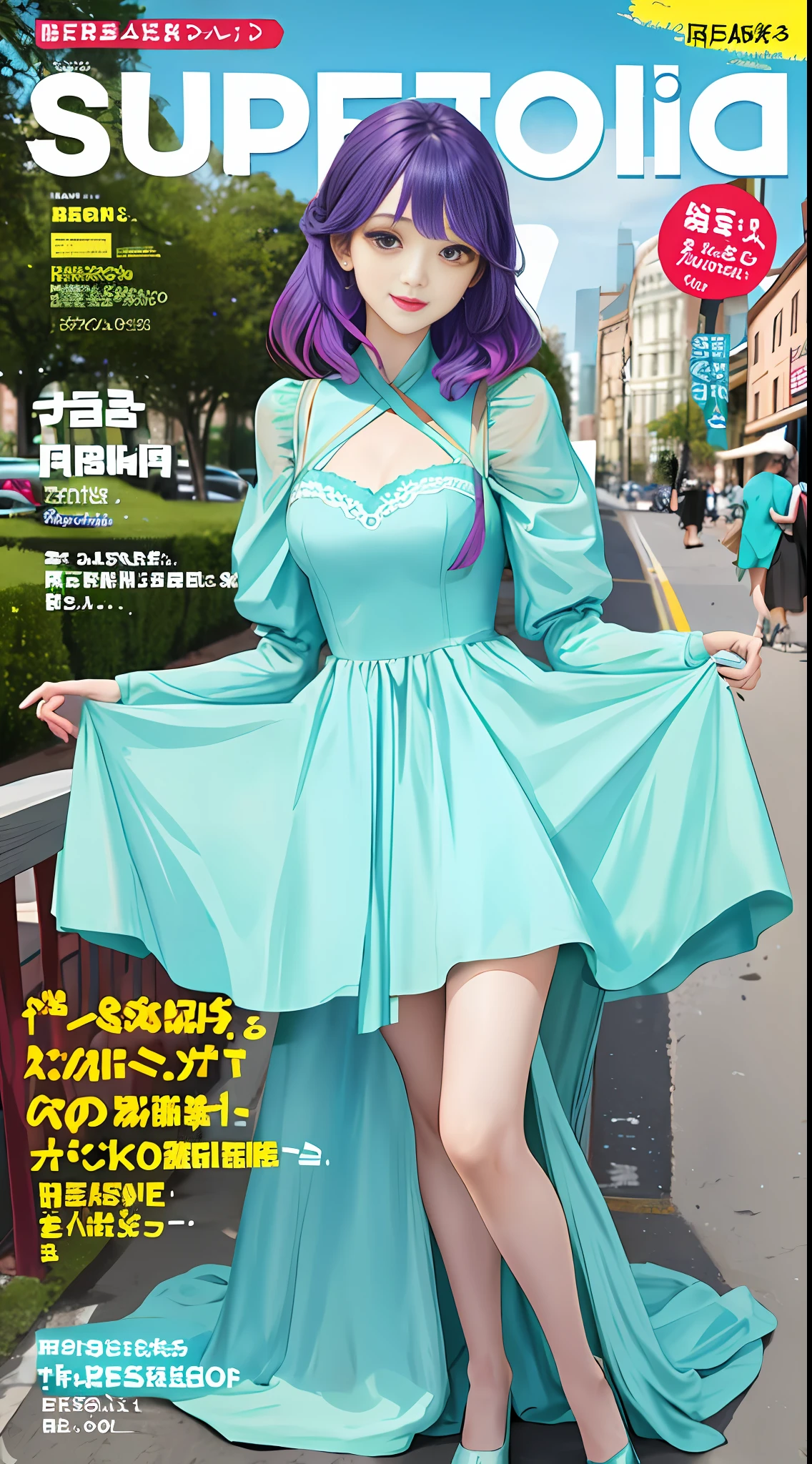 Real person, photo, masterpiece, superlative, spring dress, color hair, outdoor, magazine cover, slim, full body
