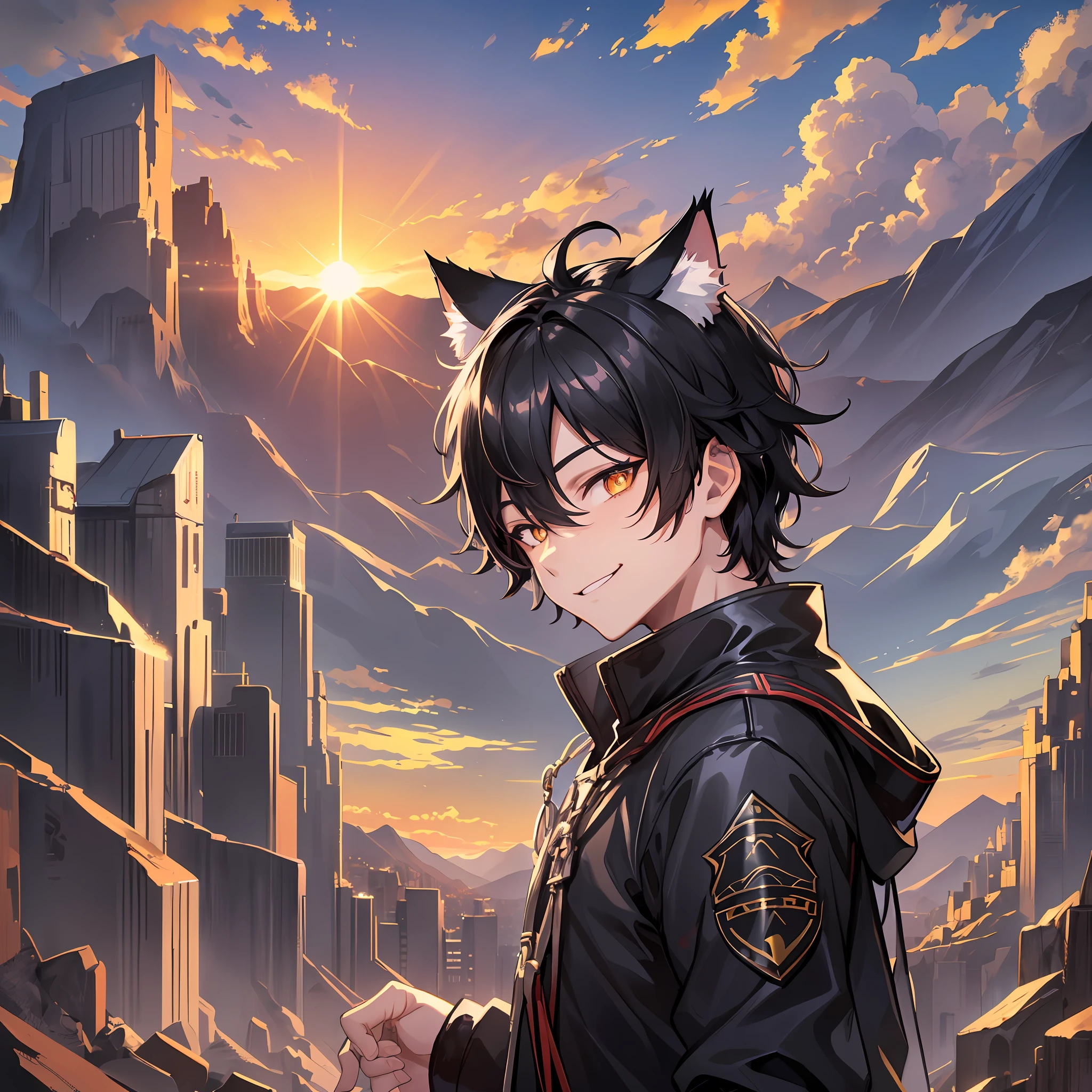 1boy, glossy black hair, amber eyes, large sharp cat ears, cat tail, staring at viewer while grinning, mountainous setting, sunrise, 4k Resolution