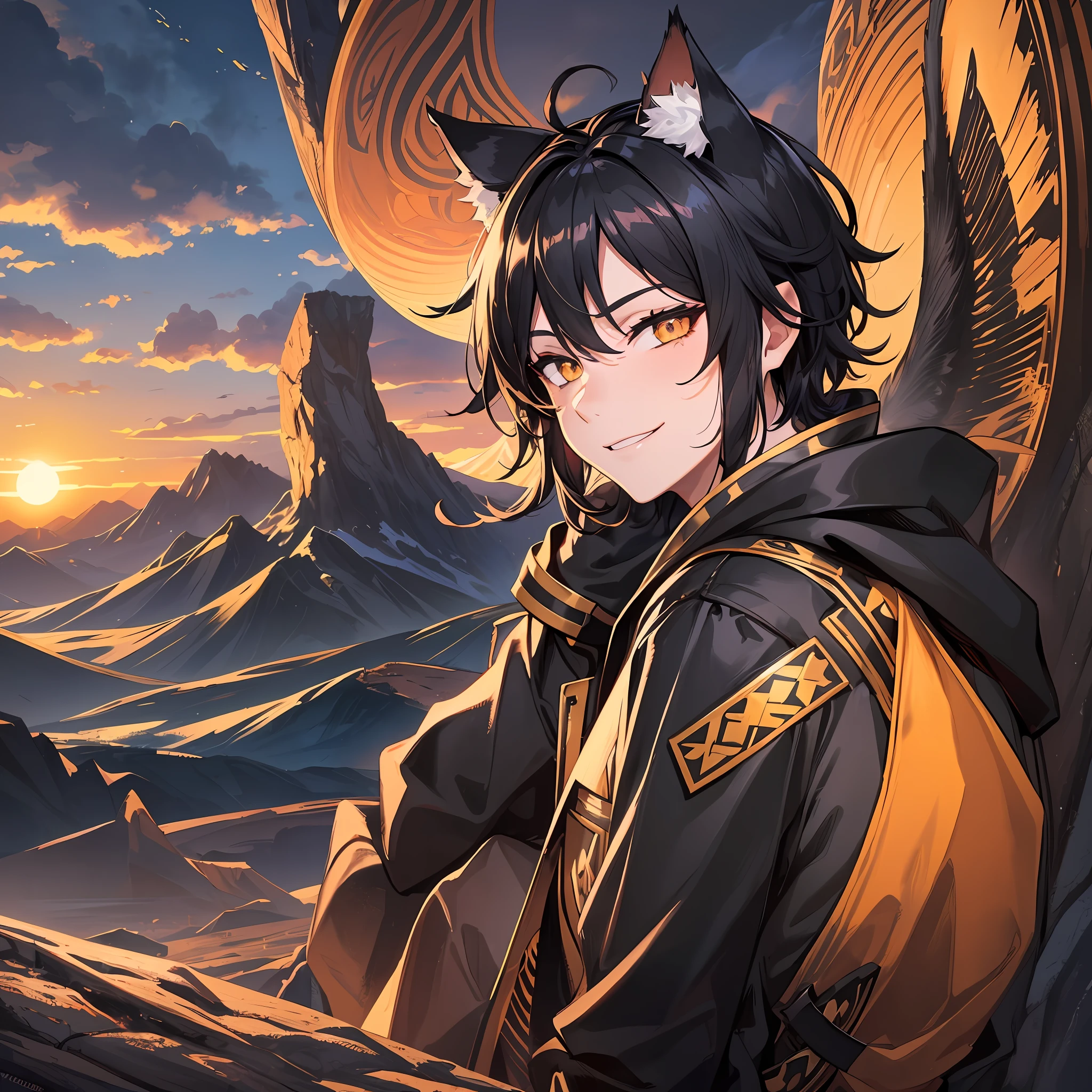 1boy, glossy black hair, amber eyes, large sharp cat ears, cat tail, staring at viewer while grinning, mountainous setting, sunrise, 4k Resolution