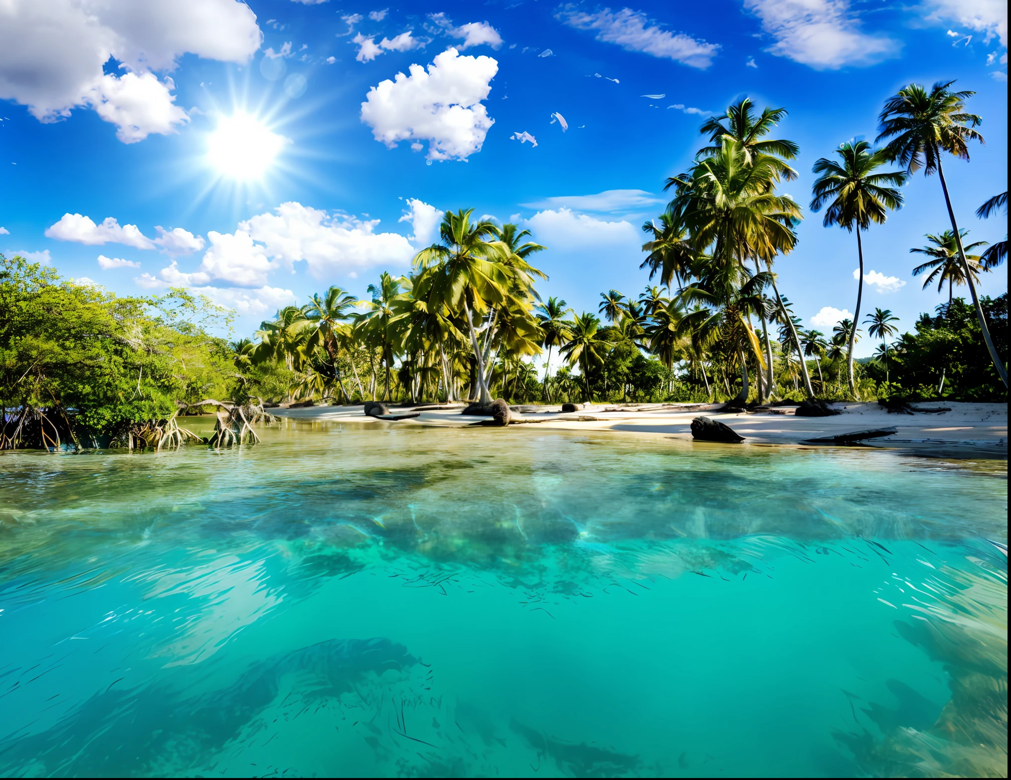 There is a sandy beach with palm trees and a clear blue water, tropical beach paradise, beautiful tropical island beach, tropical landscape, tropical beach, tropical paradise, tropical island, palm trees on the beach, tropical location, beautiful breathtaking beach, tropical climate, sunny day on the beach, paradise in the background, beautiful beach, coconut trees, sunny environment, tropical atmosphere, tropical fish