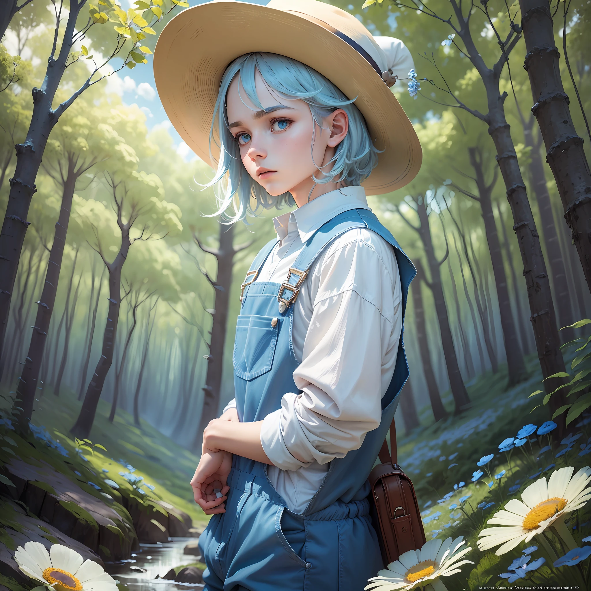 The image depicts a male version of  Alice, dressed in blue overalls and a white shirt, dark blond hair, wandering through wonderland. Giant mushrooms tower above him in the distance. The emotion conveyed is wonder, as the character gazes in awe at the surreal surroundings. The colors are used to enhance the dreamlike quality of the image, with light blue representing the sky and setting a peaceful tone. Green and brown are used to create a natural feel, while the yellow, violet, and white flowers add pops of color. Overall, the image captures the essence of the male version of Alice's journey through wonderland.