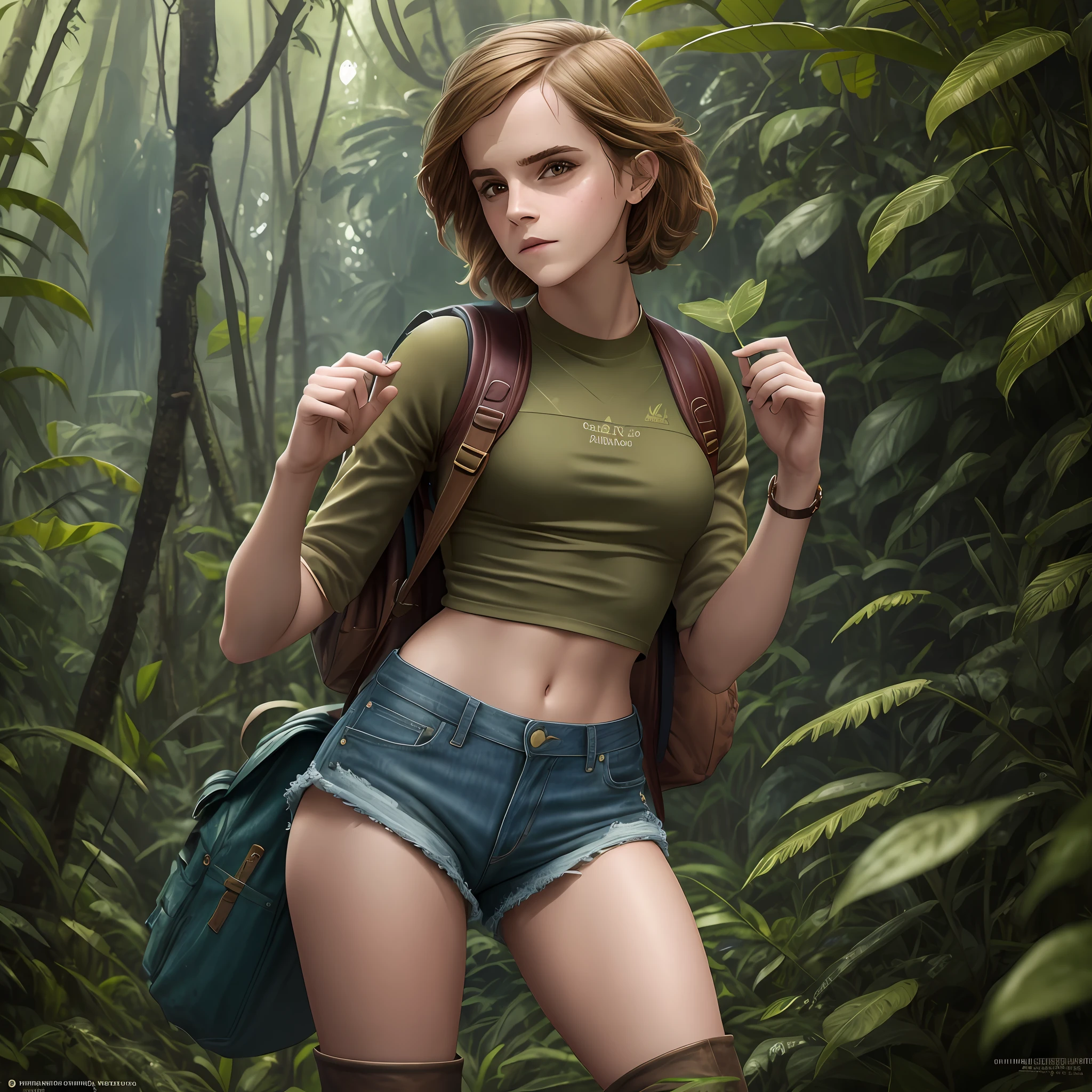 ((Emma Watson)), Professional model shooting style photo woman, crop top, denim shorts, in the jungle, fog, vegetation, rainforest, wearing a brown backpack, realistic, sharp focus, 8k high definition, insanely detailed, intricate, elegant, on summer day, wing eyeliner, eyeliner wings, hyper-realistic, ultra-detailed, over-the-knee boots --auto --s2