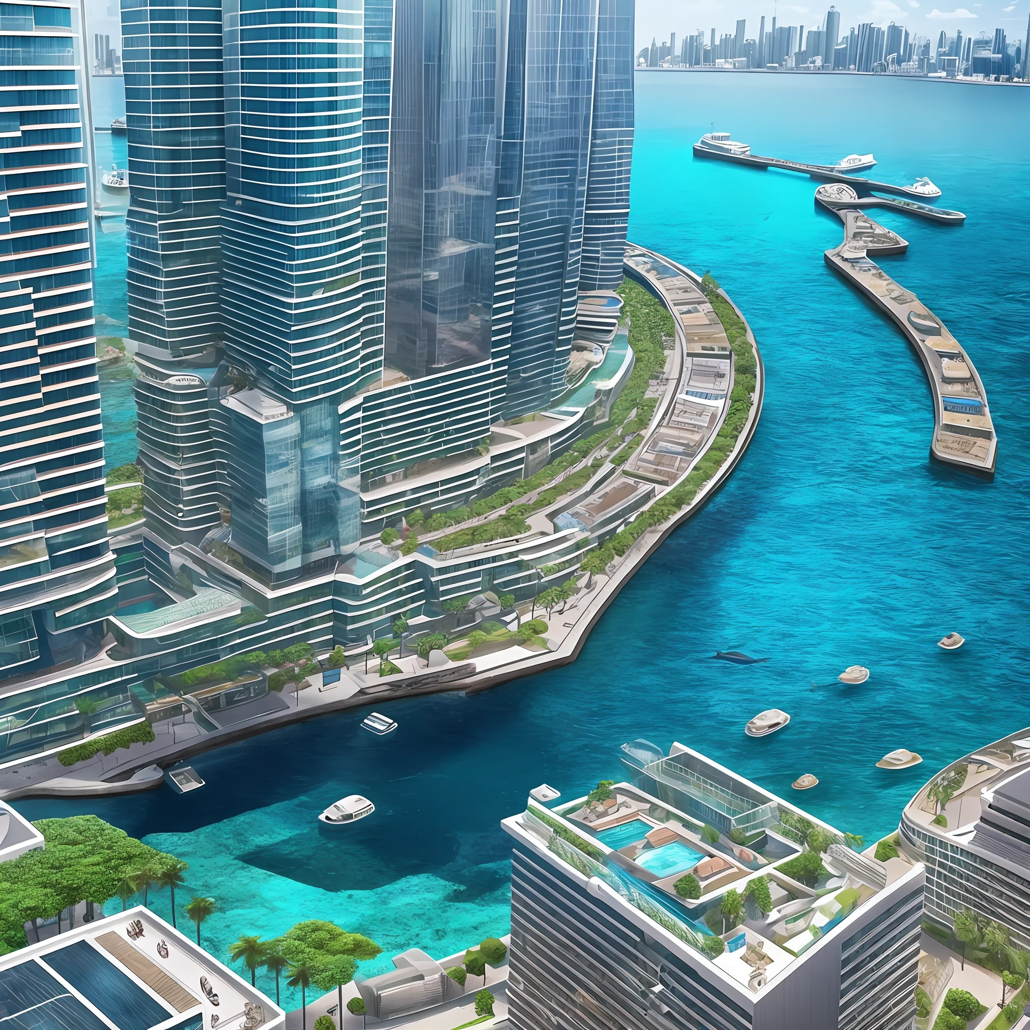ultra realistic seabed with beautiful fish and a background city marine --auto --s2
