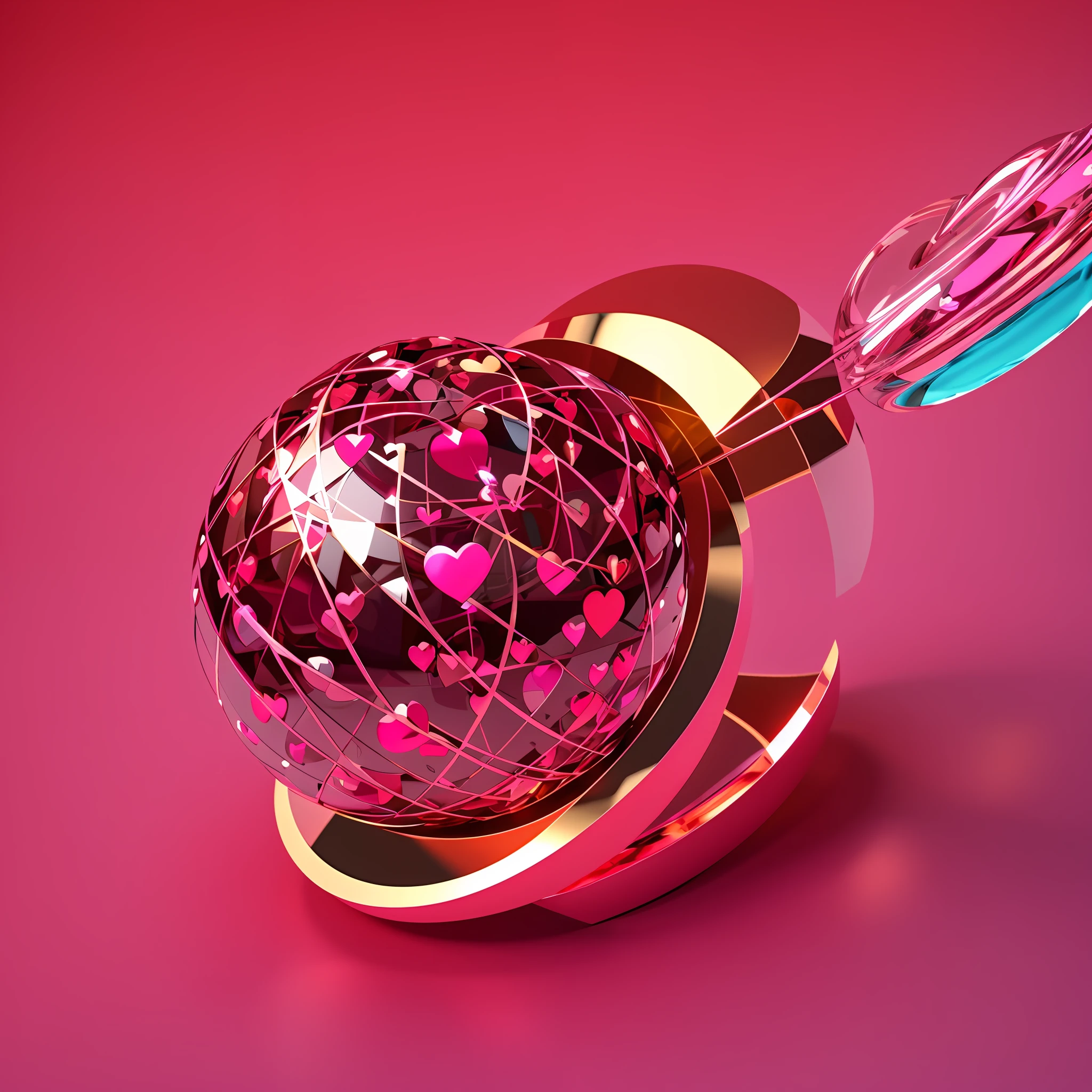 Multicolored Sphere Love Heart. Pink, Red Glass and Red Metallic Spheres arranged in a heart shape. 3D Render with copy-space --auto --s2
