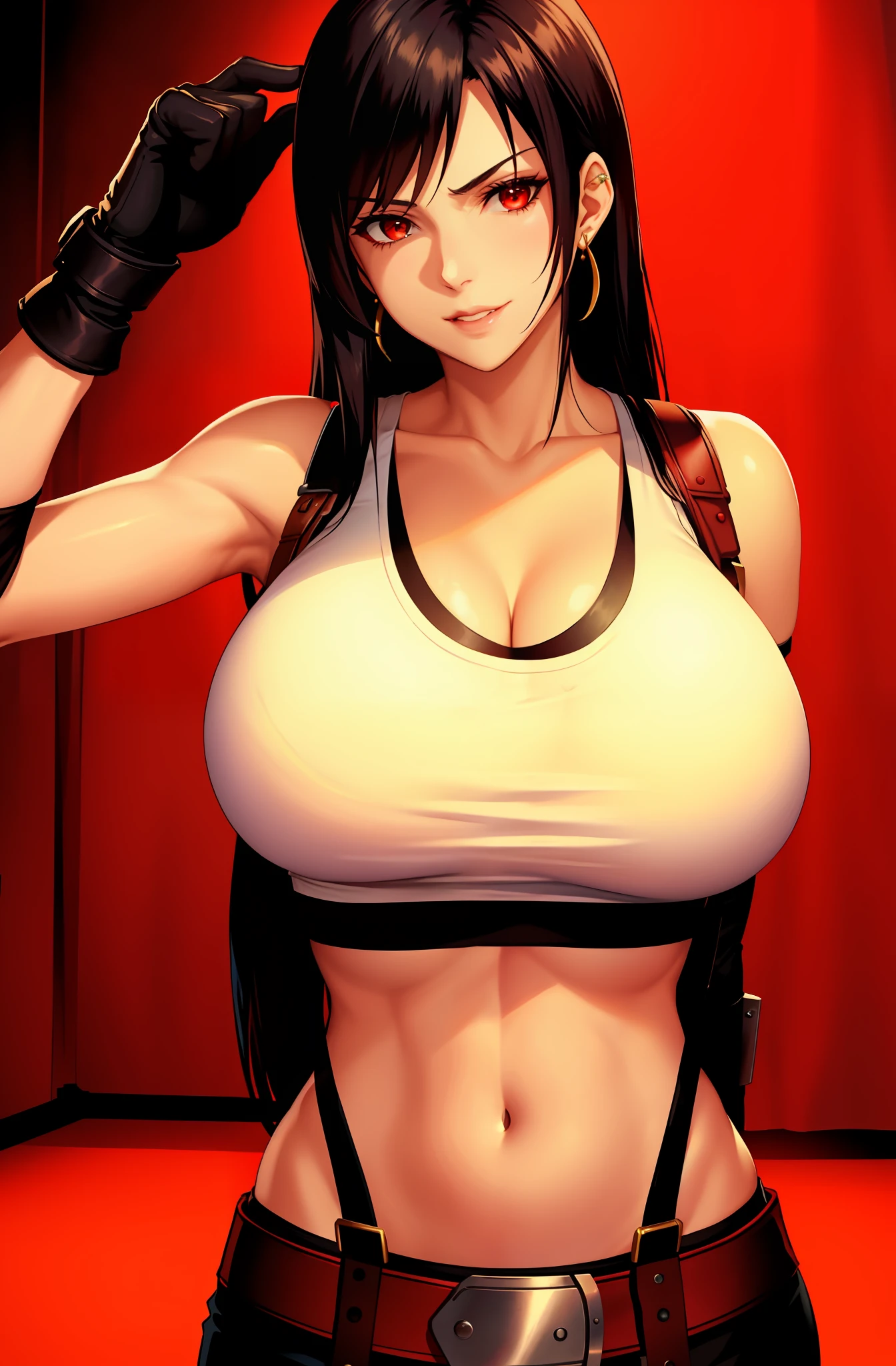 ff7r style,
tifa lockhart, 1girl, thick lips, arm up, armpits, artist name, belt, black hair, breasts, red eyes, cleavage, closed mouth, collarbone, cowboy shot, crop top, earrings, elbow gloves, elbow pads, gloves, jewelry, large breasts, lips, long hair, low-tied long hair, midriff, navel, indoors, skirt, smile, solo, stomach, suspenders, (white tank top), upper body, ((masterpiece)) (huge breasts:1.3)